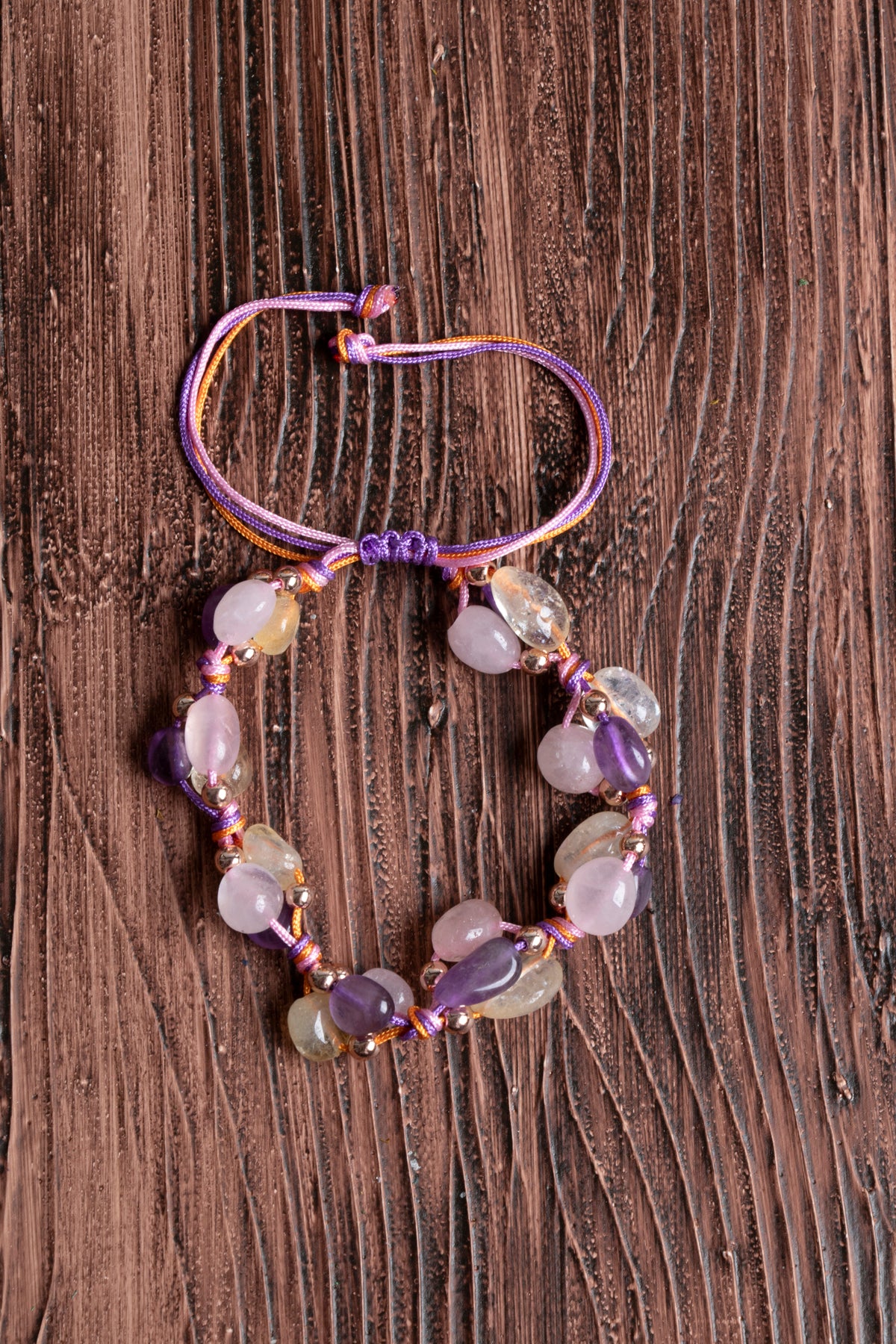 Image of Orijinal Sertifikalı Sitrin Pembe Kuvars Ametist Makrome Bileklik