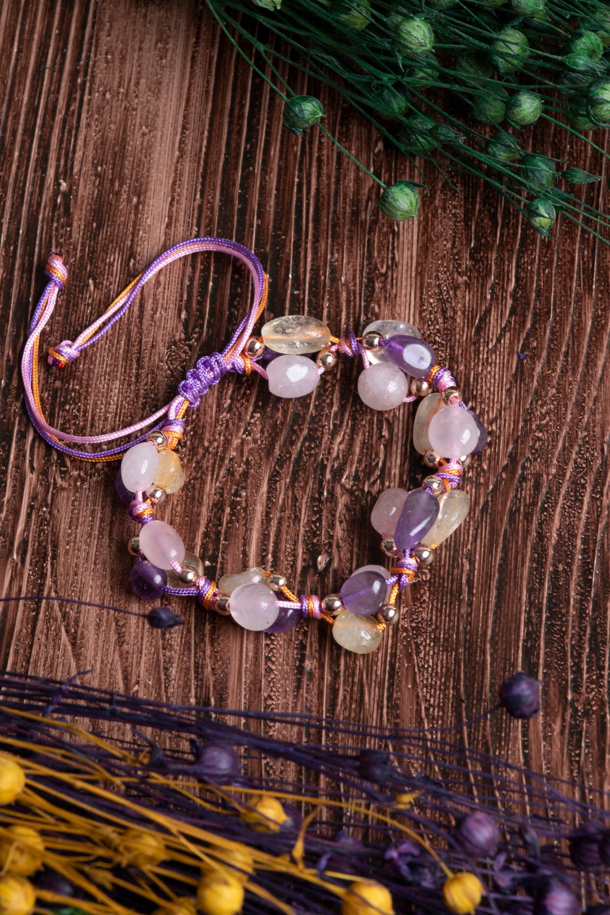 Image of Orijinal Sertifikalı Sitrin Pembe Kuvars Ametist Makrome Bileklik