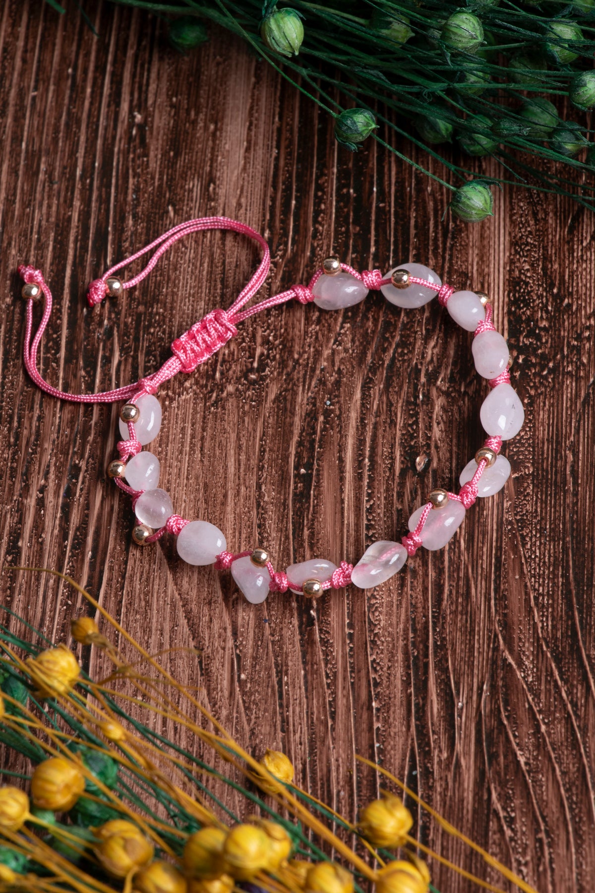 Image of Orijinal Sertifikalı Pembe Kuvars Doğal Taş Makrome Bileklik