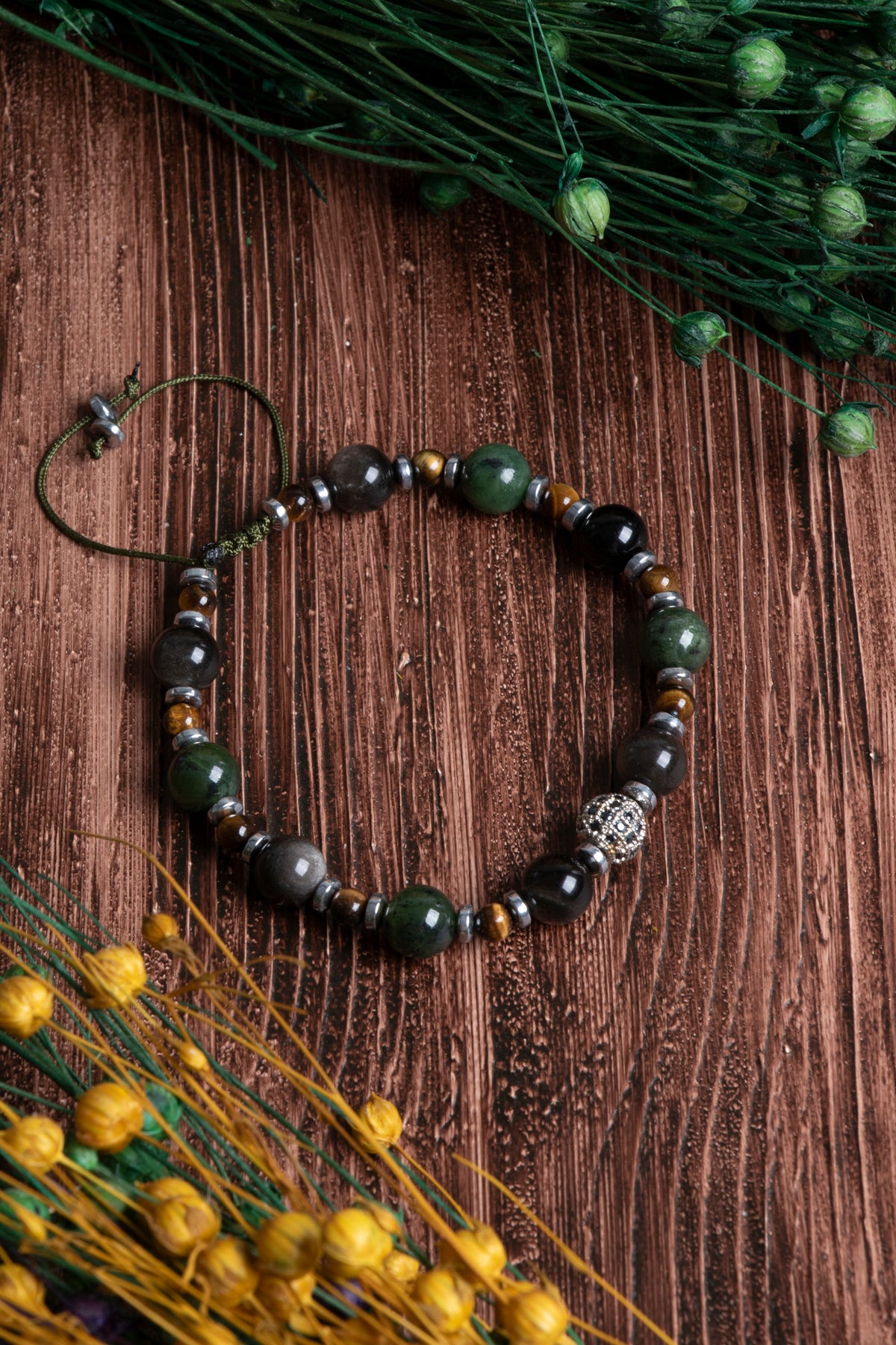 Image of Orijinal Sertifikalı Yeşim Kaplan Gözü Hematit Zirkon Doğal Taş Bileklik