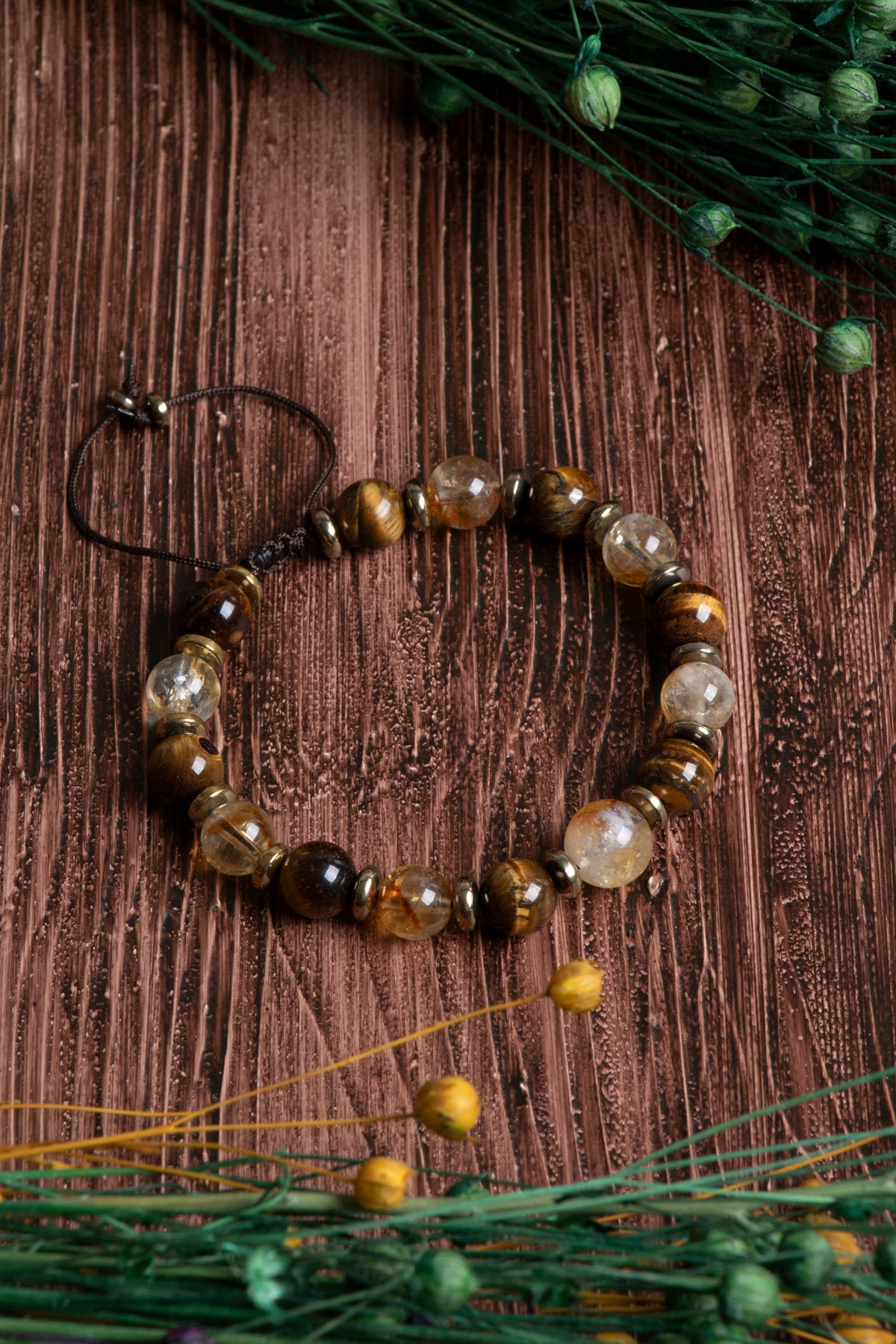 Image of Orijinal Sertifikalı Kaplan Gözü Hematit Sitrin Doğal Taş Makrome Bileklik