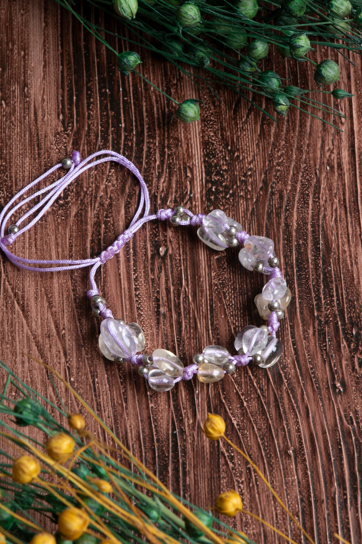 Image of Orijinal Sertifikalı Ametrin Hematit Doğal Taş Makrome Bileklik