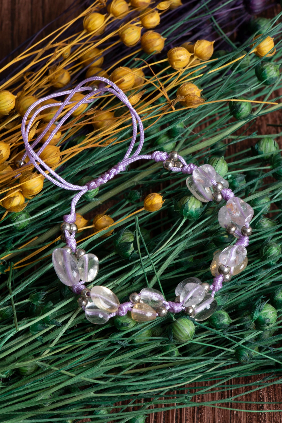 Image of Orijinal Sertifikalı Ametrin Hematit Doğal Taş Makrome Bileklik