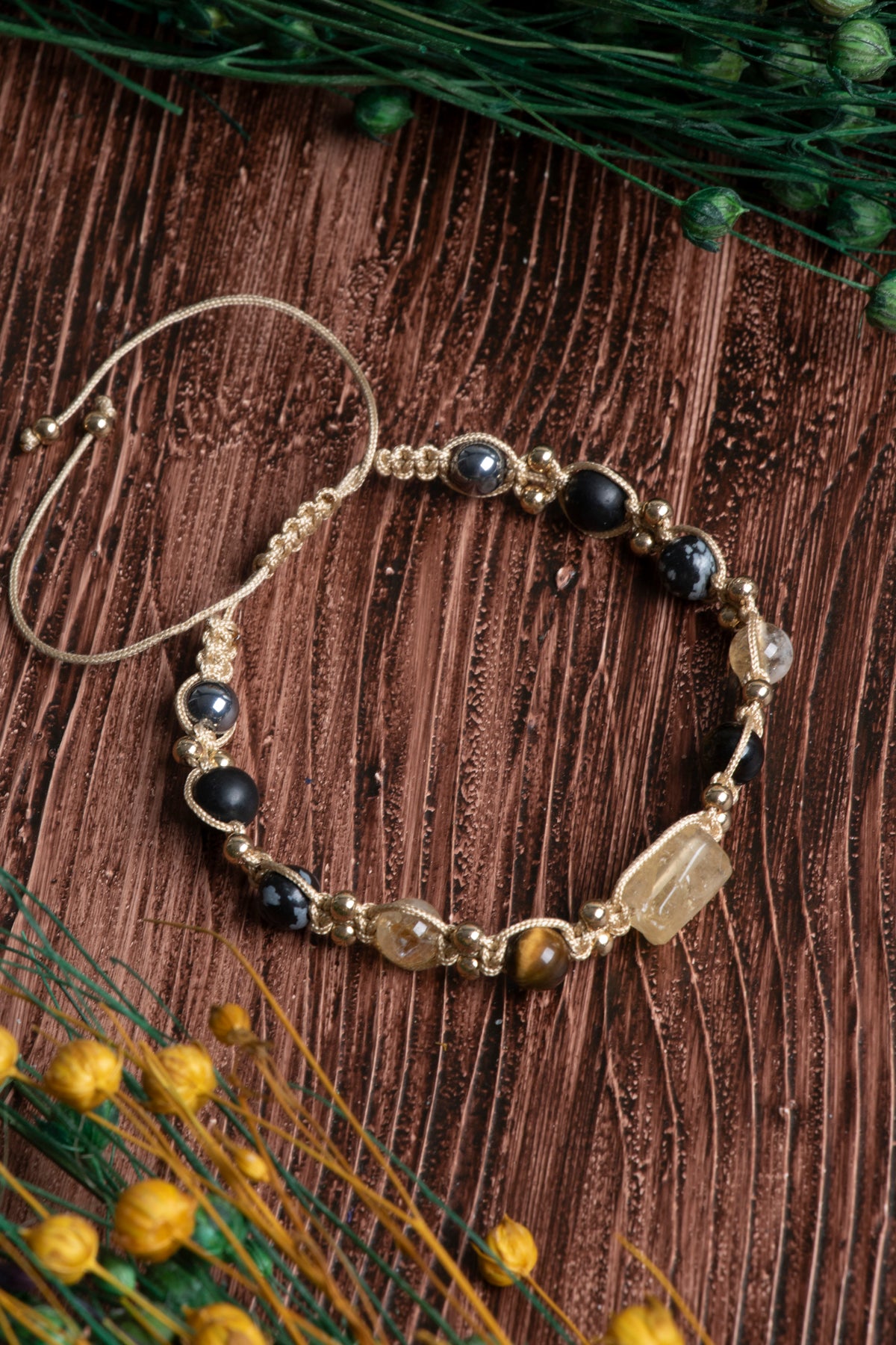 Image of Orijinal Sertifikalı Kaplan Gözü Hematit Sitrin Doğal Taş Makrome Bileklik