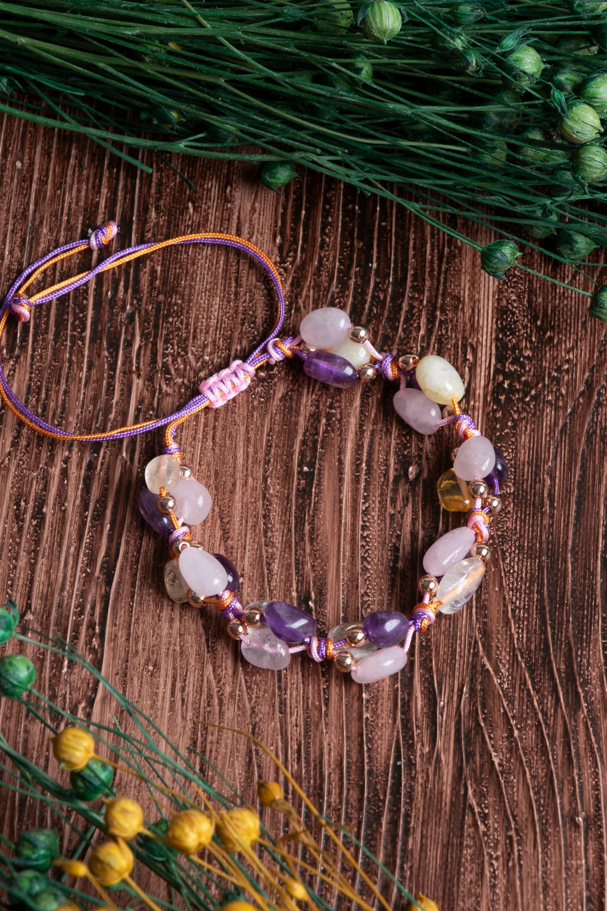 Image of Orijinal Sertifikalı Sitrin Pembe Kuvars Ametist Makrome Bileklik