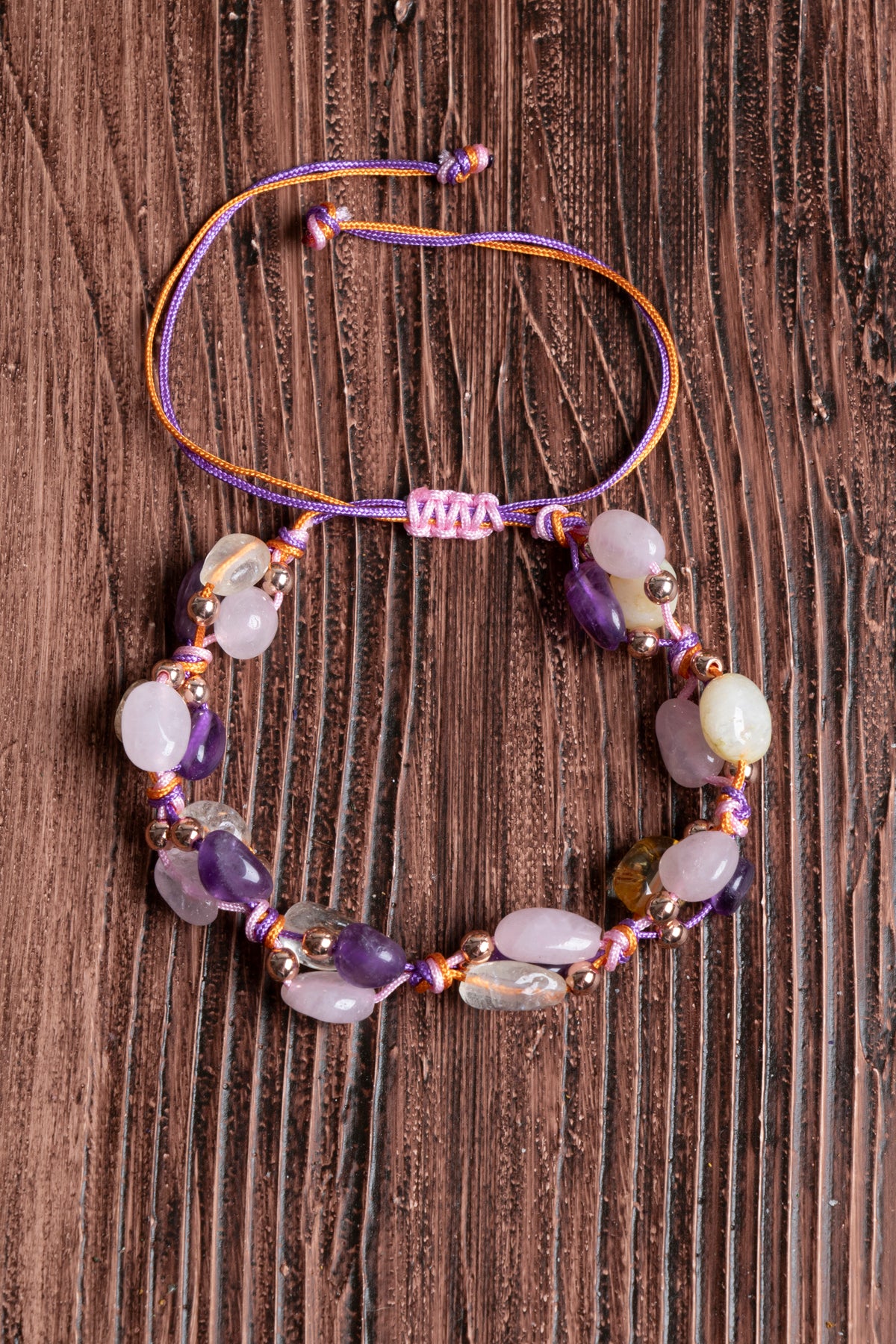 Image of Orijinal Sertifikalı Sitrin Pembe Kuvars Ametist Makrome Bileklik