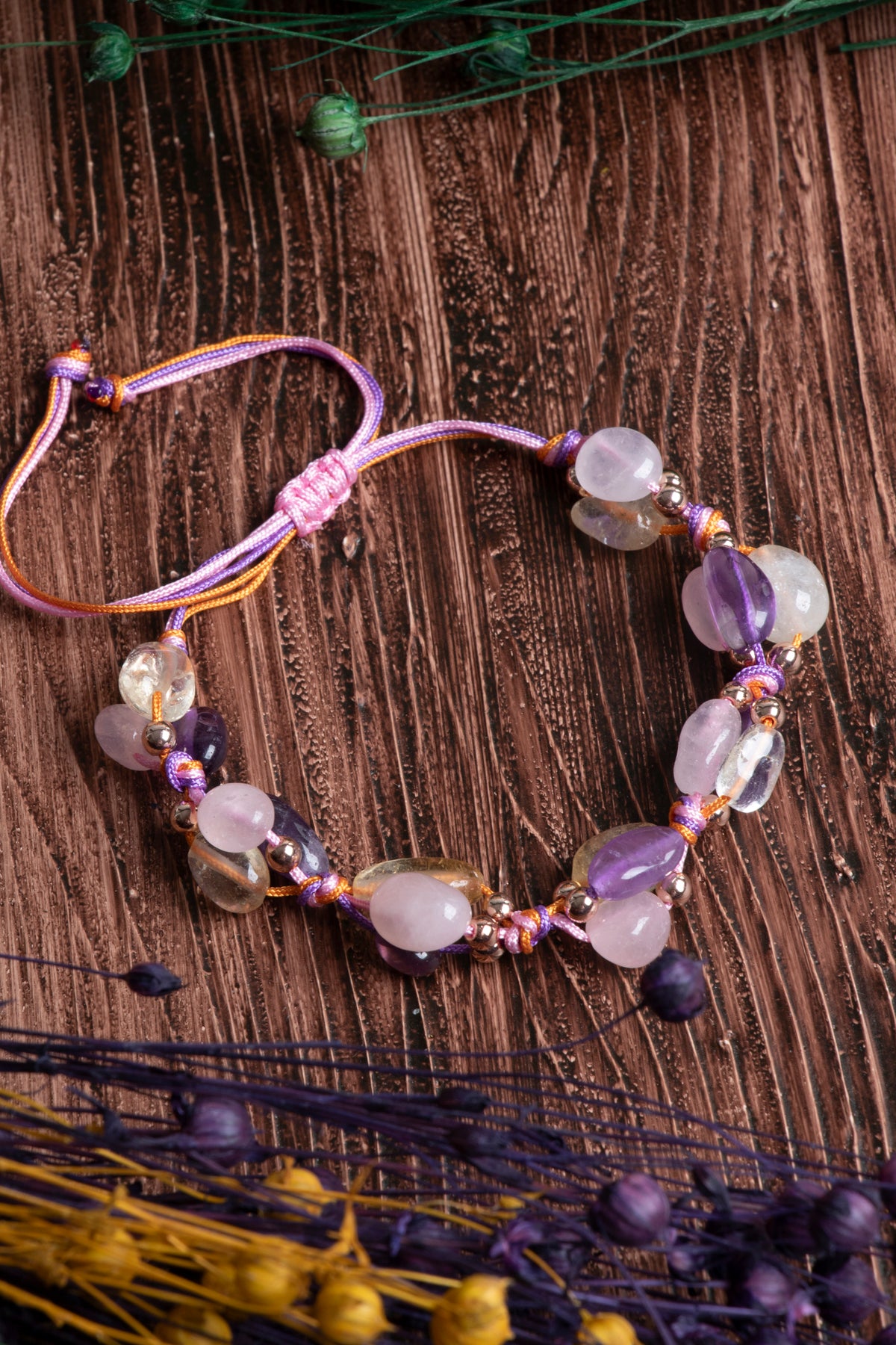 Image of Orijinal Sertifikalı Sitrin Pembe Kuvars Ametist Doğal Taş Makrome Bileklik