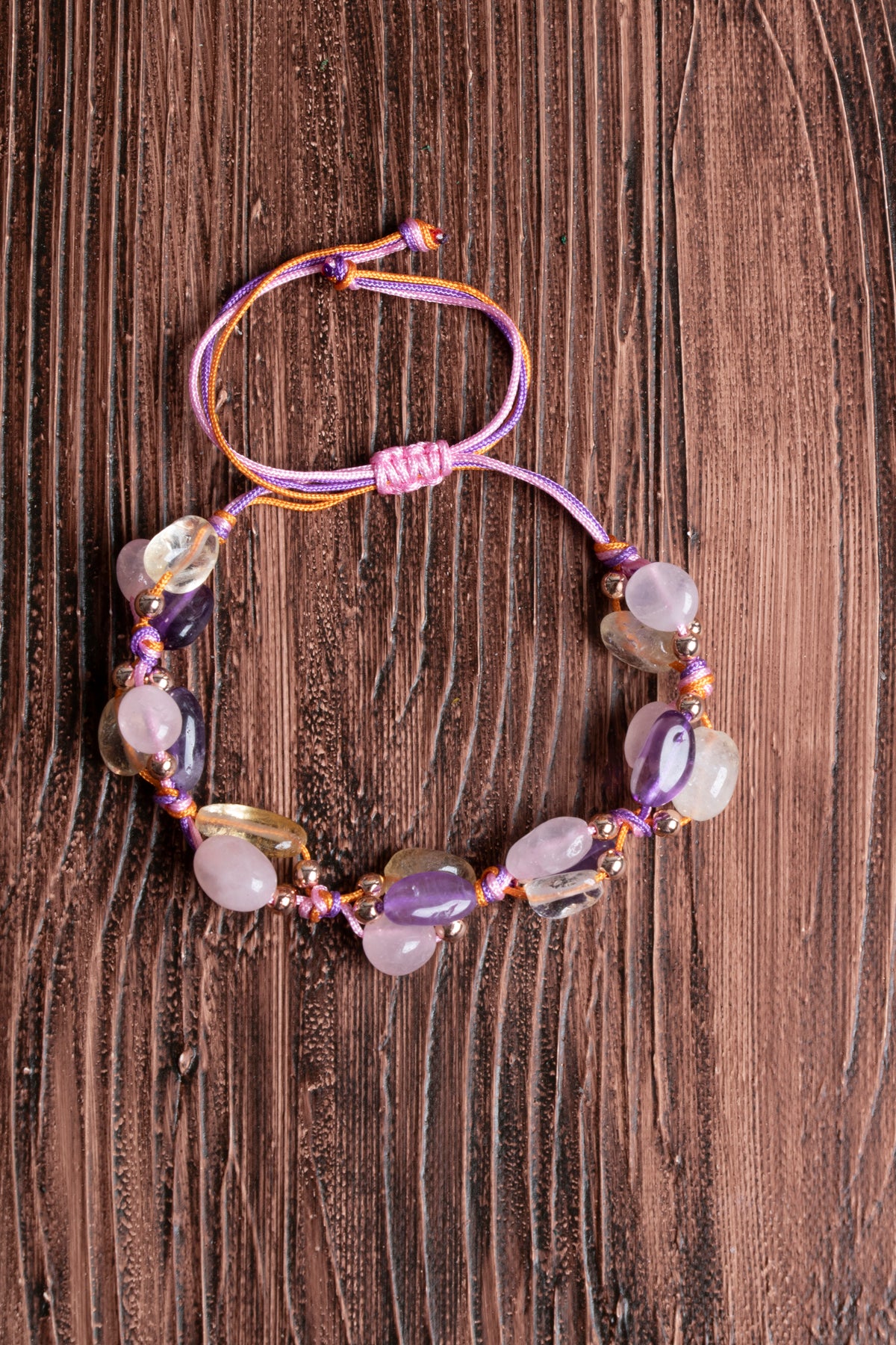 Image of Orijinal Sertifikalı Sitrin Pembe Kuvars Ametist Doğal Taş Makrome Bileklik