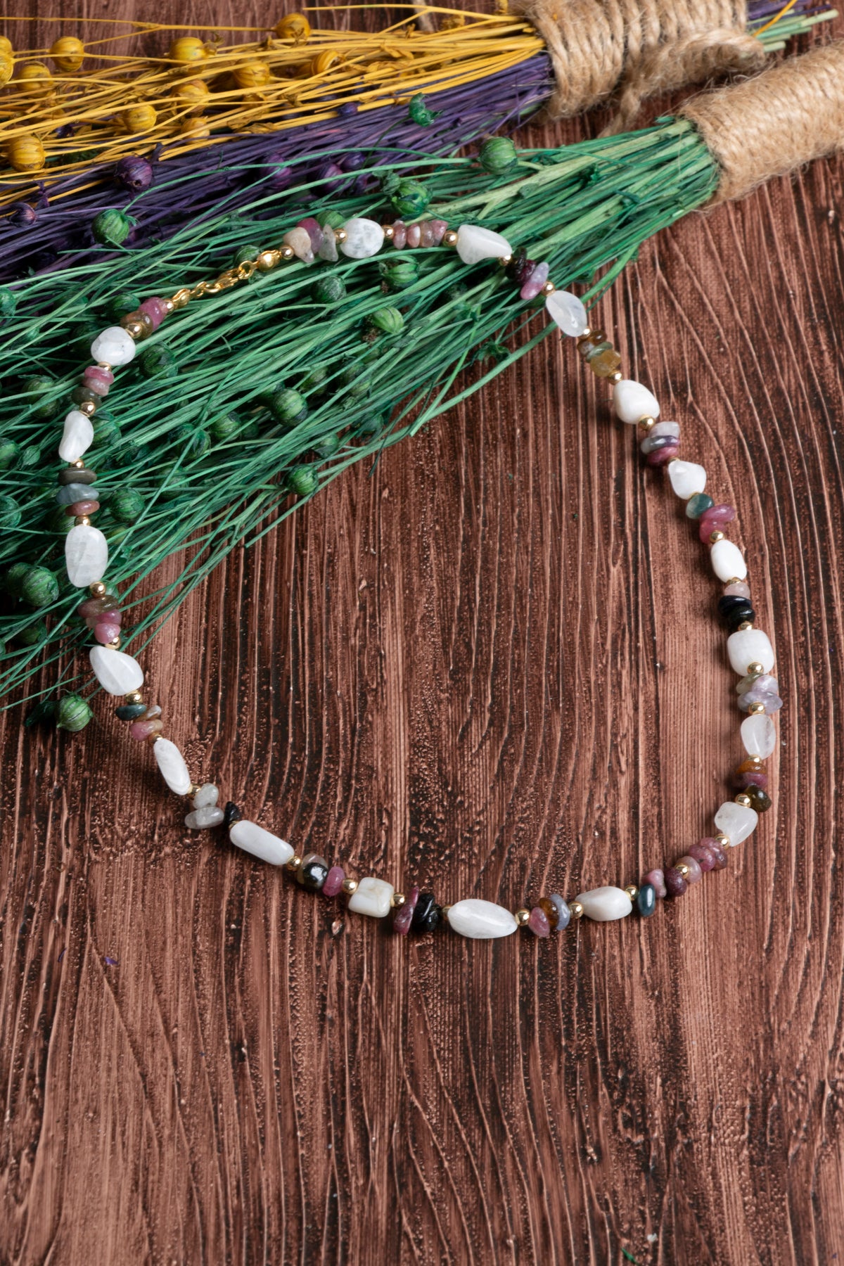 Image of Sertifikalı Turmalin Ay Taşı Gümüş Kapama Doğal Taş Kolye