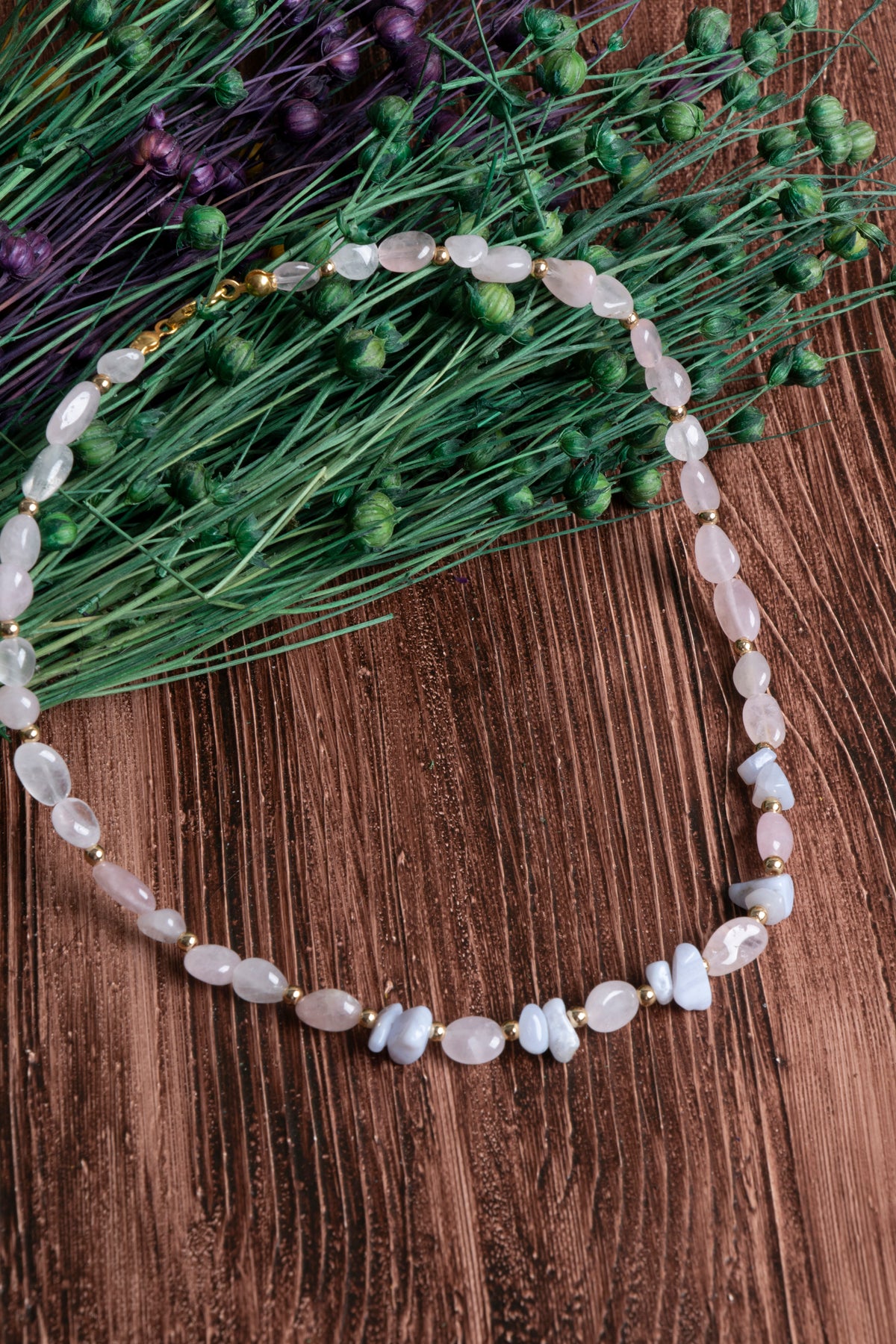 Image of Orijinal Sertifikalı Pembe Kuvars Kalsedon Hematit Doğal Taş Kolye