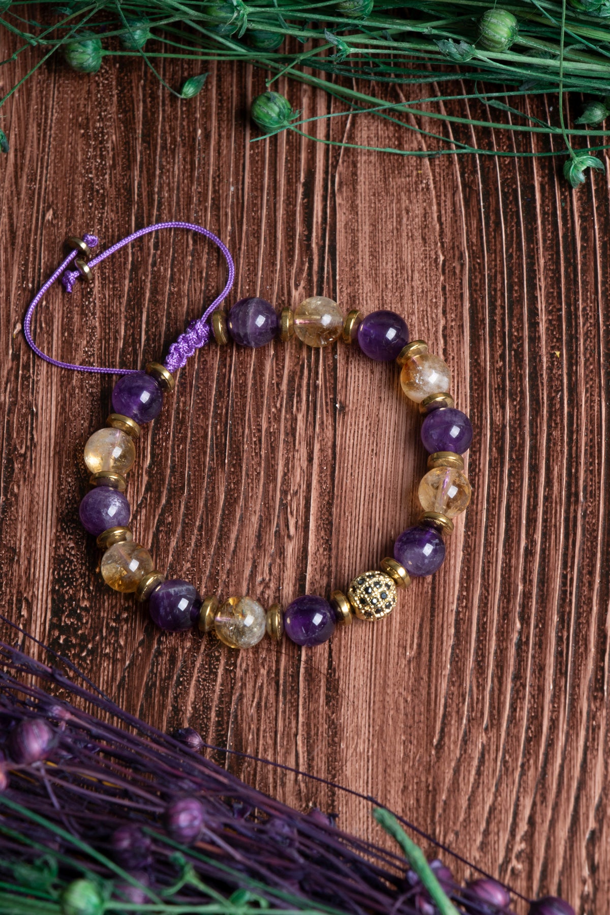 Image of Orijinal Sertifikalı Sitrin Ametist Hematit Doğal Taş Makrome Bileklik