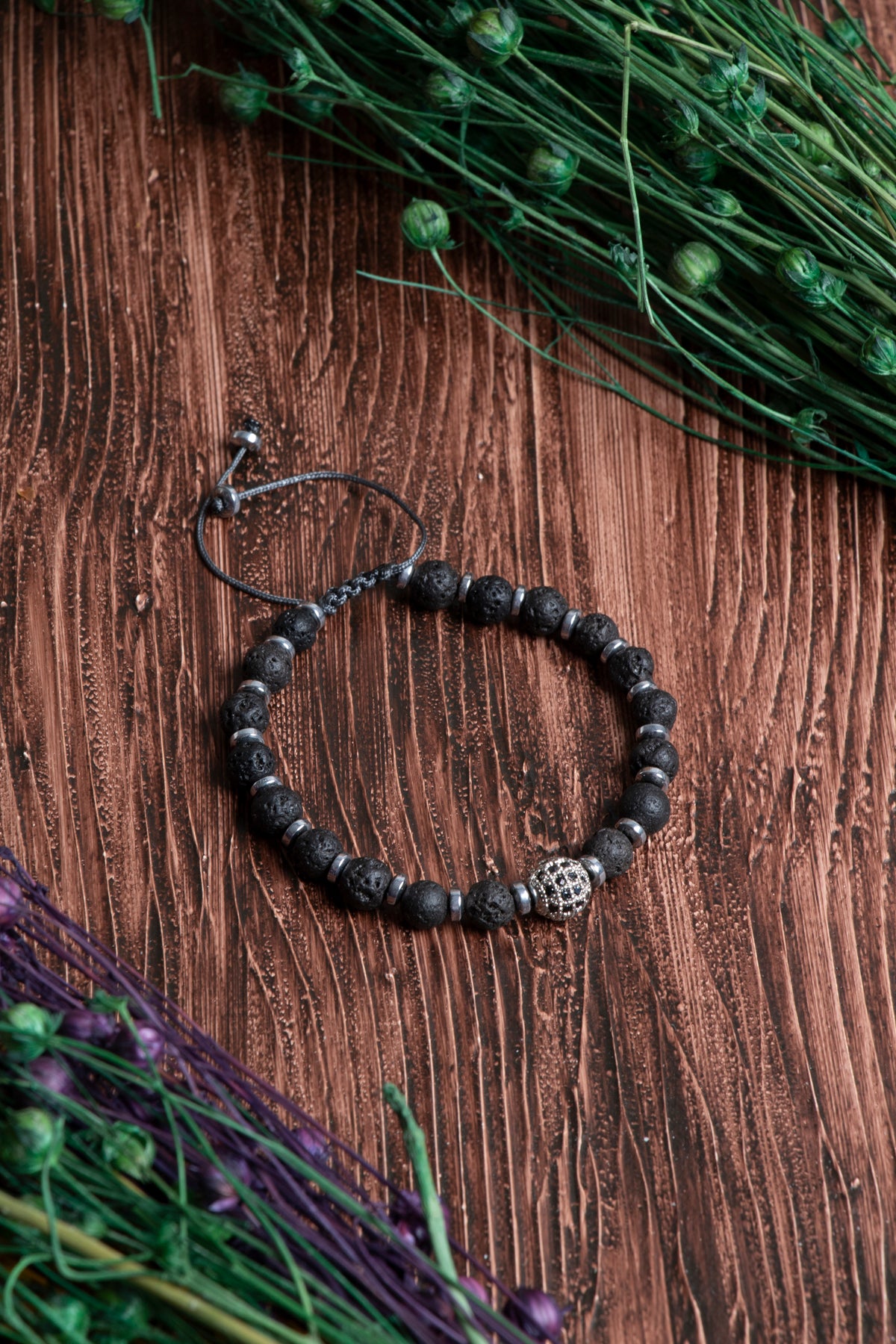 Image of Orijinal Sertifikalı Lav Taşı Hematit Doğal Taş Zirkon Aparat Makrome Bileklik