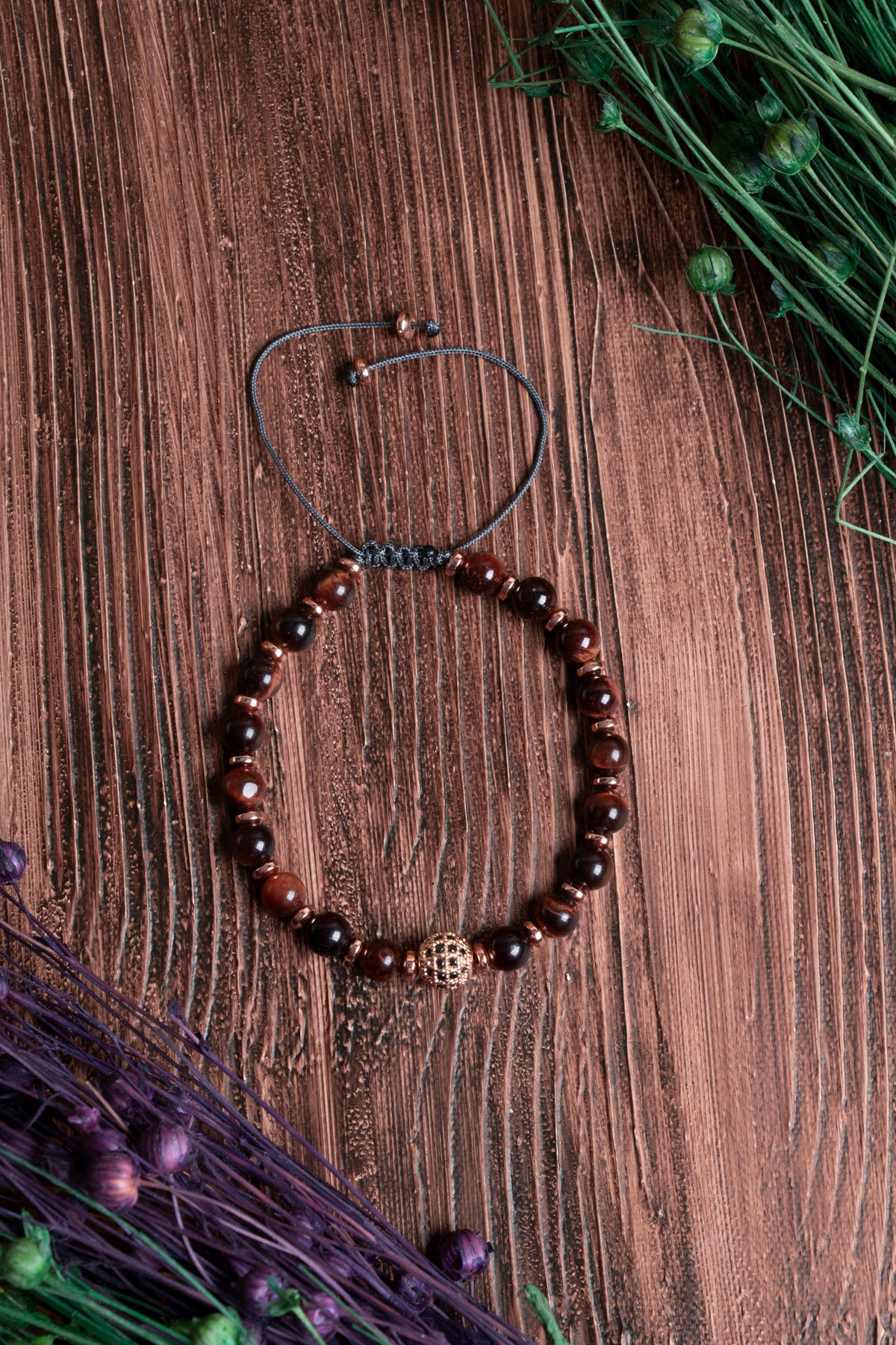 Image of Orijinal Sertifikalı Kaplan Gözü Hematit Doğal Taş Zirkon Aparatlı Makrome Bileklik