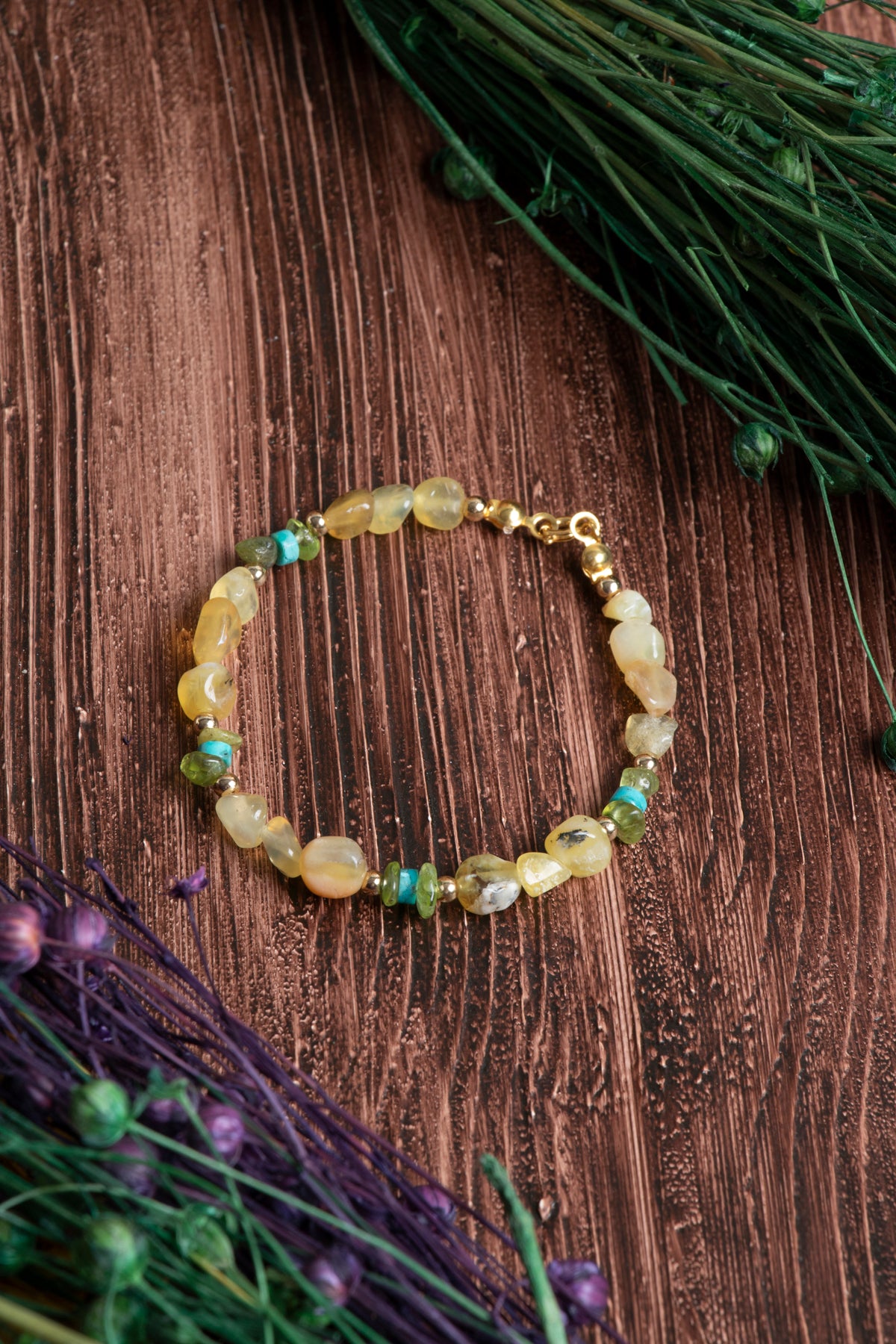 Image of Orijinal Sertifikalı Sarı Opal Turkuaz Doğal Taş Gümüş Kapama Bileklik