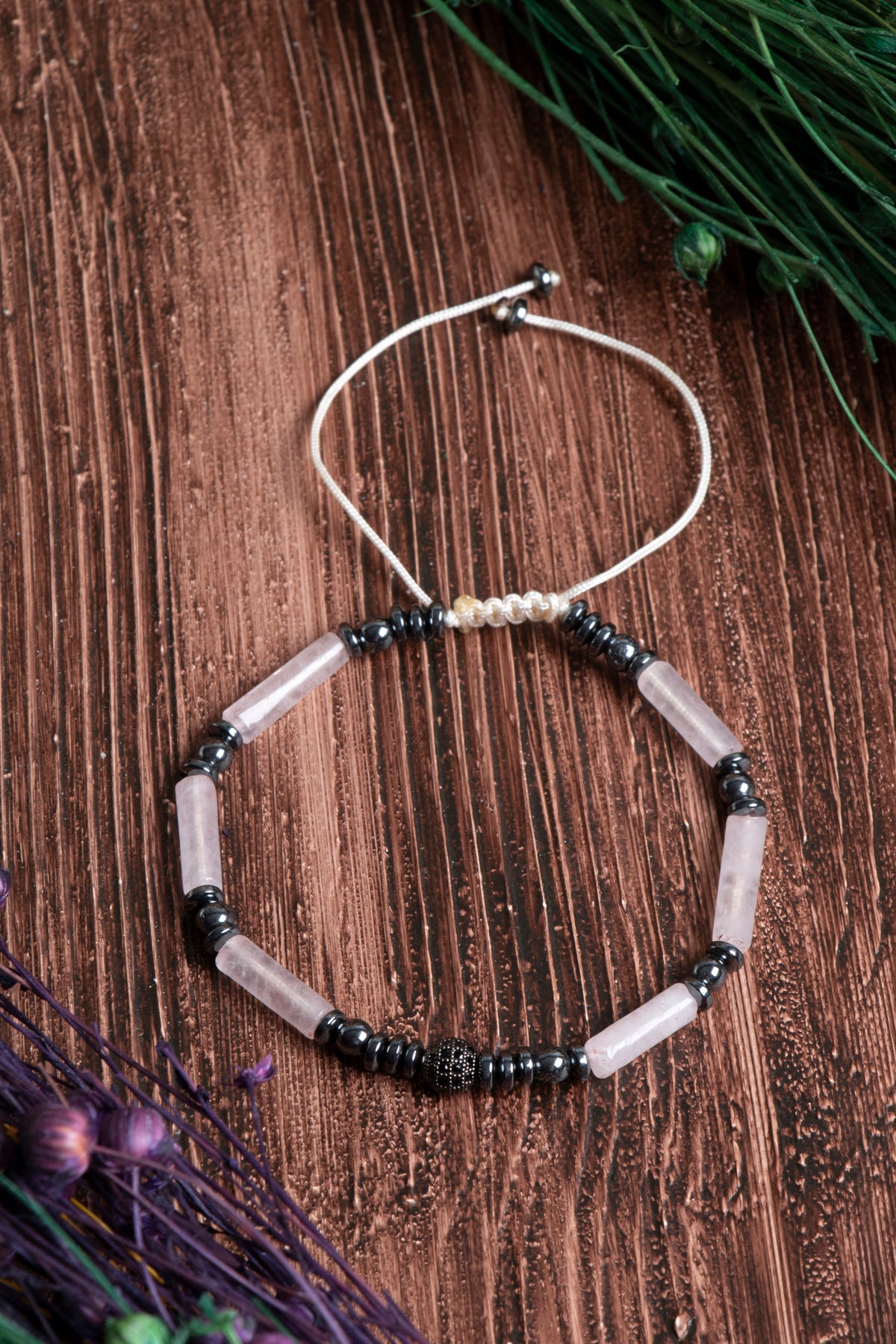 Image of Orijinal Sertifikalı Pembe Kuvars Hematit Doğal Taş Zirkon Aparatlı Makrome Bileklik