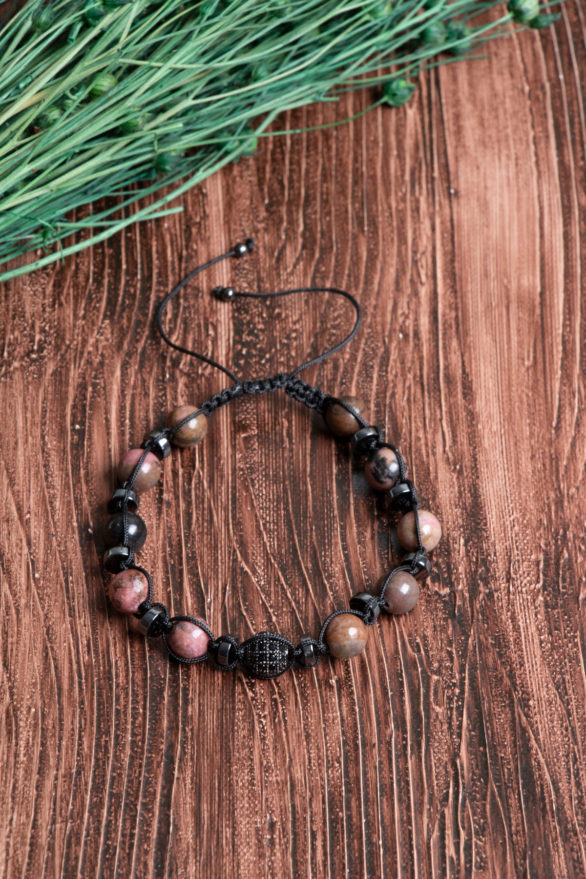 Image of Orijinal Sertifikalı Rodonit Hematit Zirkon Doğal Taş Makrome Bileklik