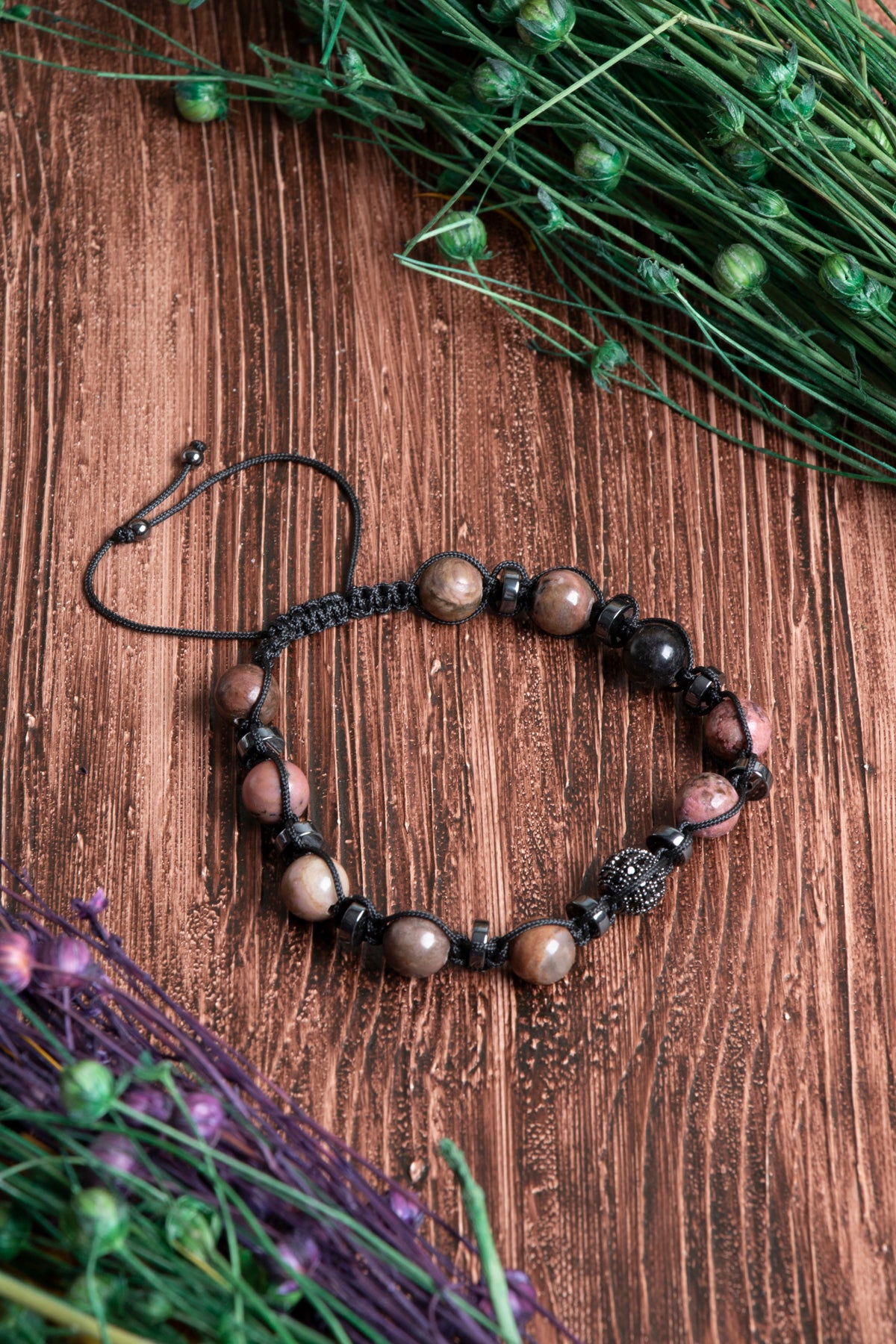 Image of Orijinal Sertifikalı Rodonit Hematit Zirkon Doğal Taş Makrome Bileklik