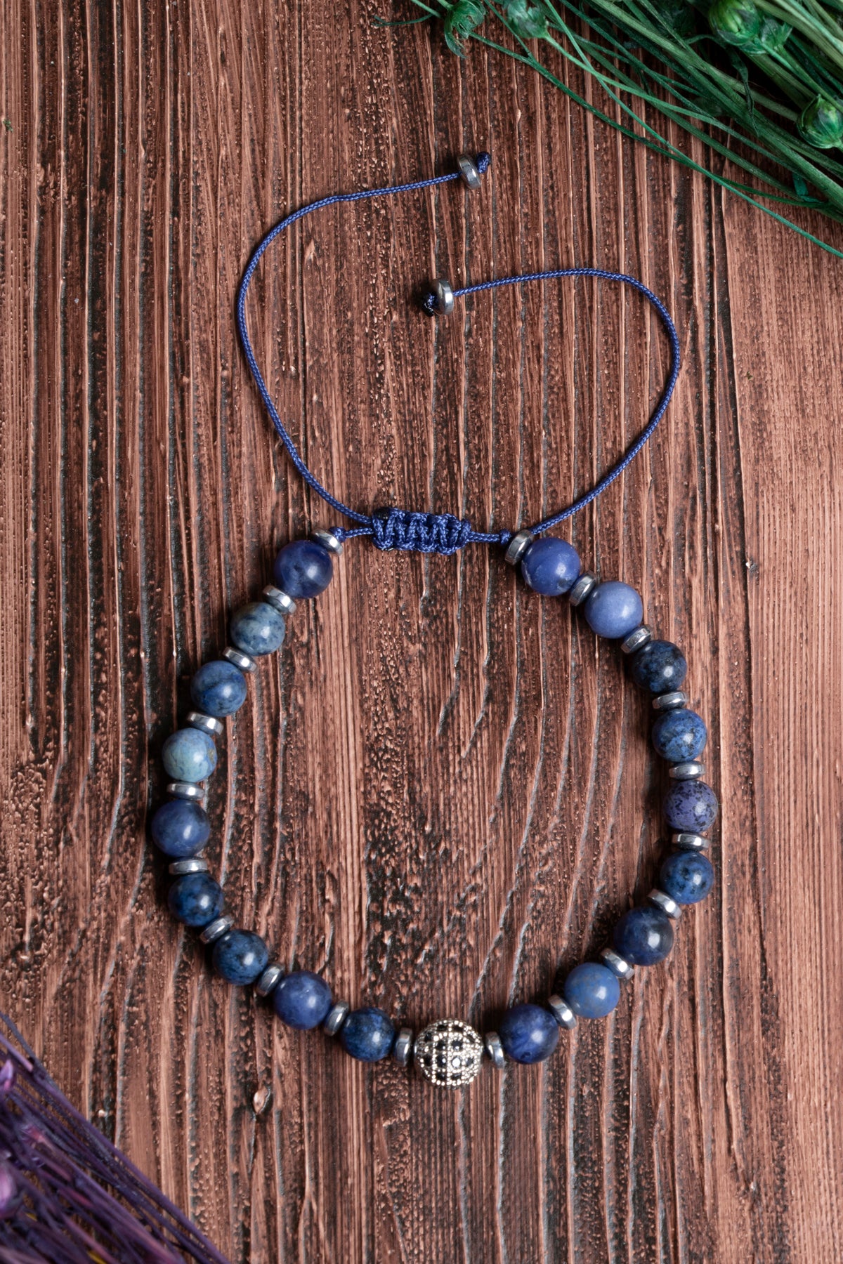 Image of Orijinal Sertifikalı Dumortierite Hematit Doğal Taş Makrome Bileklik