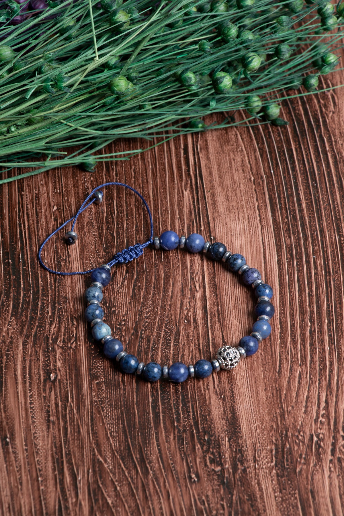 Image of Orijinal Sertifikalı Dumortierite Hematit Doğal Taş Makrome Bileklik