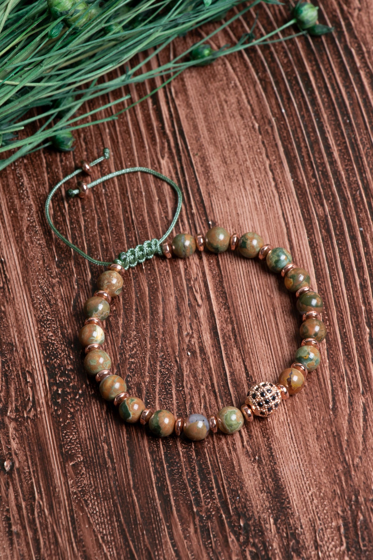 Image of Orijinal Sertifikalı Jasper Hematit Doğal Taş Zirkon Aparatlı Makrome Bileklik