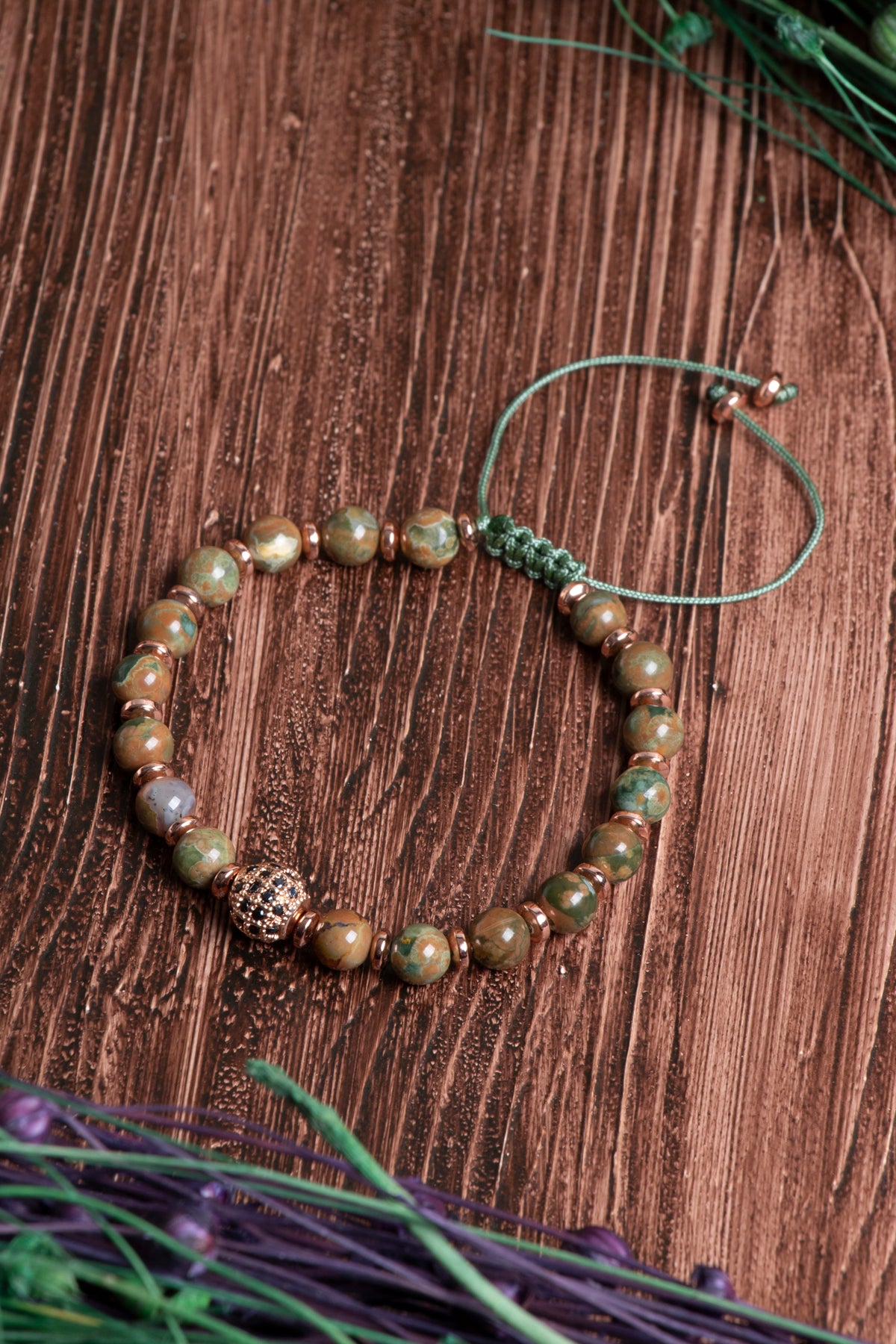 Image of Orijinal Sertifikalı Jasper Hematit Doğal Taş Zirkon Aparatlı Makrome Bileklik