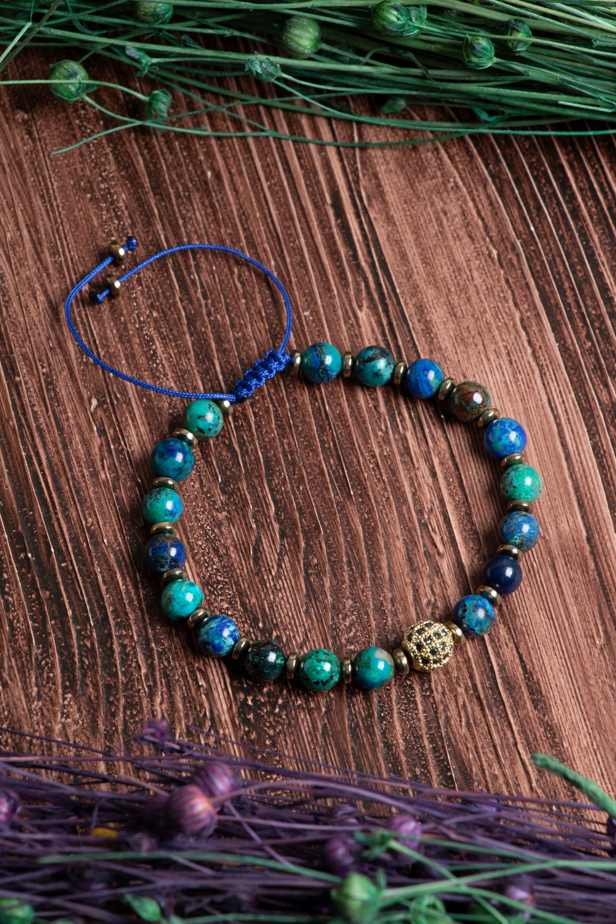 Image of Orijinal Sertifikalı Azurit Malahite Doğal Taş Zirkon Aparatlı Makrome Bileklik