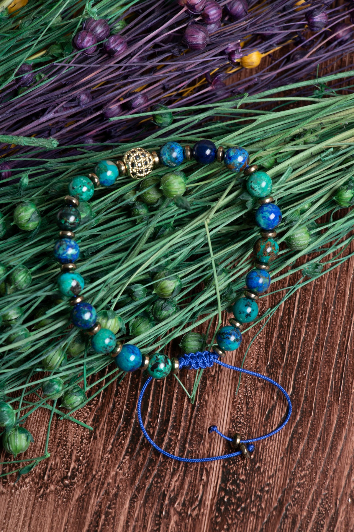 Image of Orijinal Sertifikalı Azurit Malahite Doğal Taş Zirkon Aparatlı Makrome Bileklik