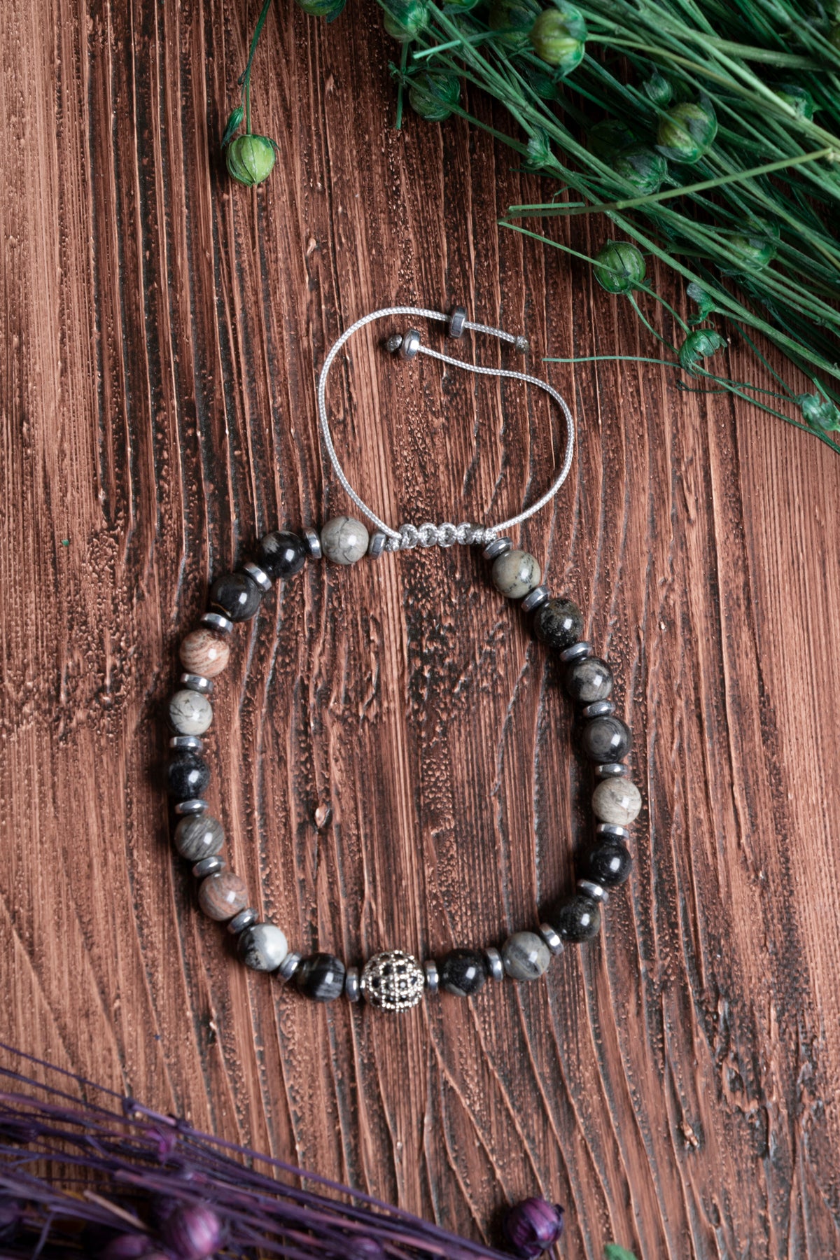 Image of Orijinal Sertifikalı Gümüş Silver Hematit Doğal Taş Zirkon Aparatlı Makrome Bileklik