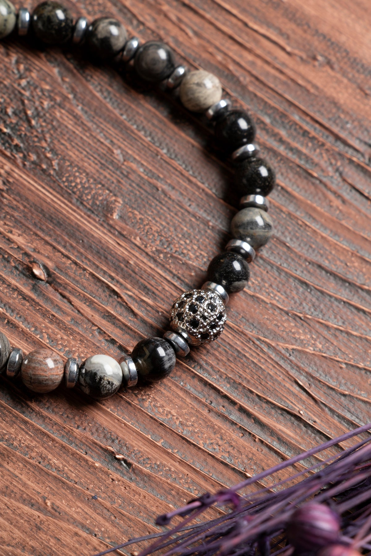 Image of Orijinal Sertifikalı Gümüş Silver Hematit Doğal Taş Zirkon Aparatlı Makrome Bileklik