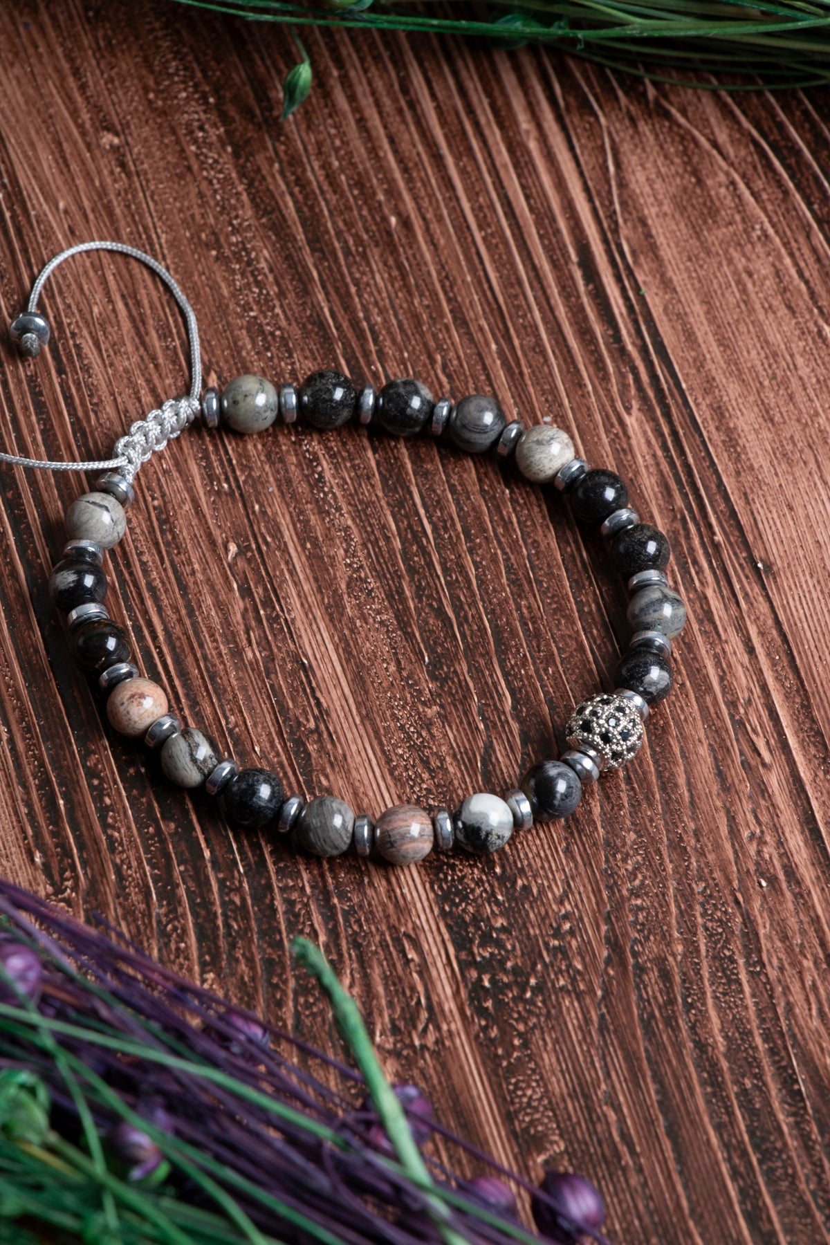 Image of Orijinal Sertifikalı Gümüş Silver Hematit Doğal Taş Zirkon Aparatlı Makrome Bileklik