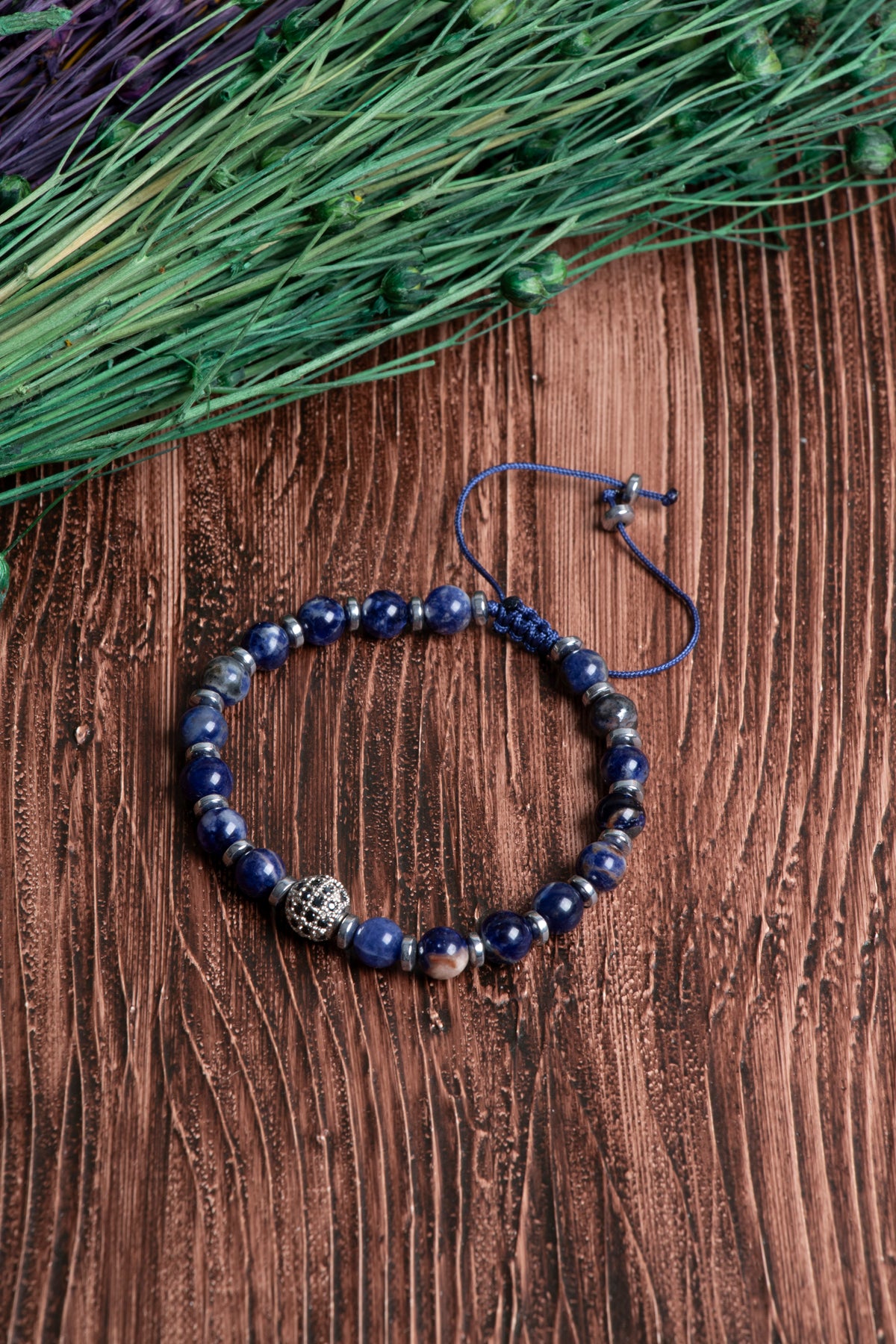 Image of Orijinal Sertifikalı Sodalit Hematit Doğal Taş Makrome Bileklik