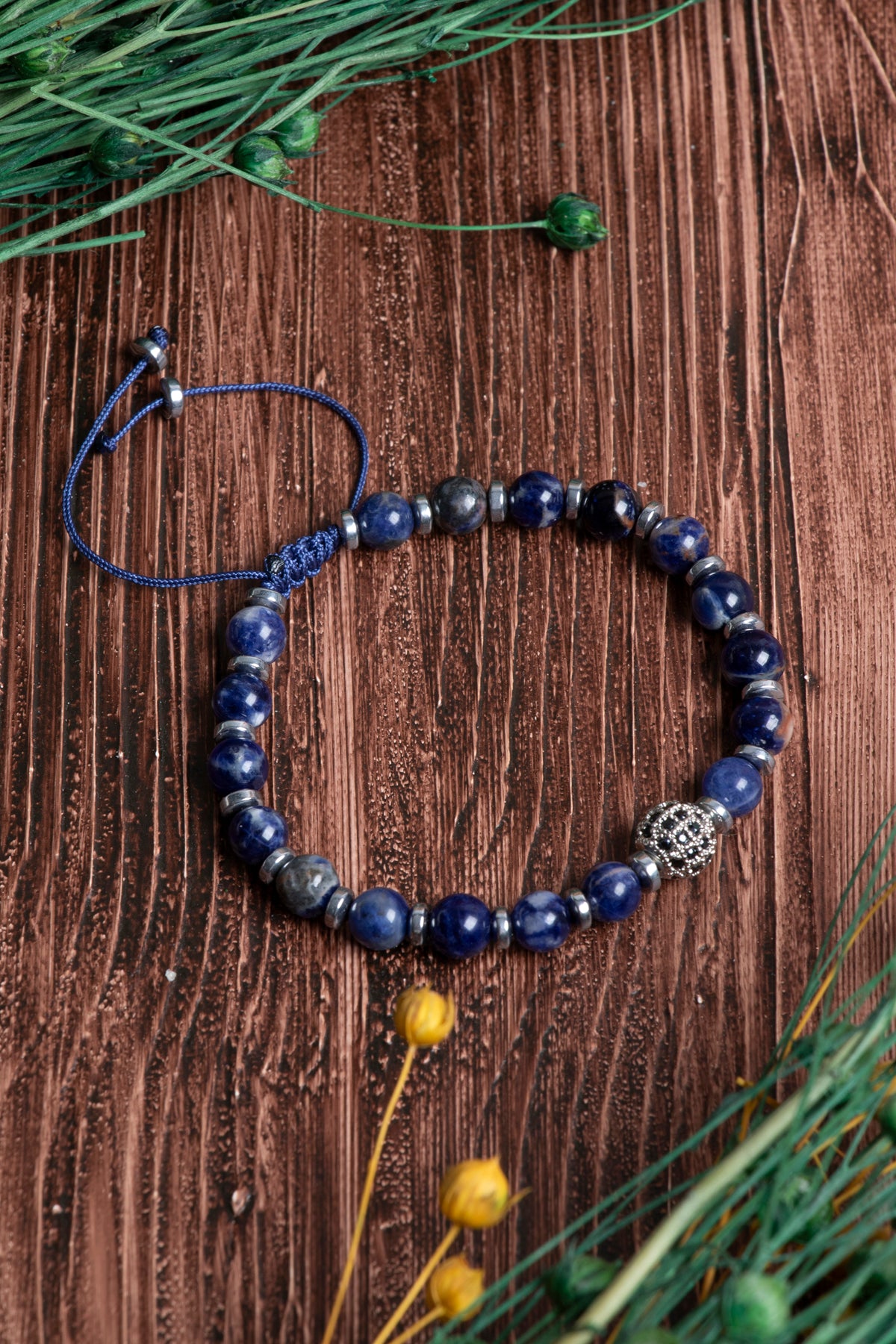 Image of Orijinal Sertifikalı Sodalit Hematit Doğal Taş Makrome Bileklik