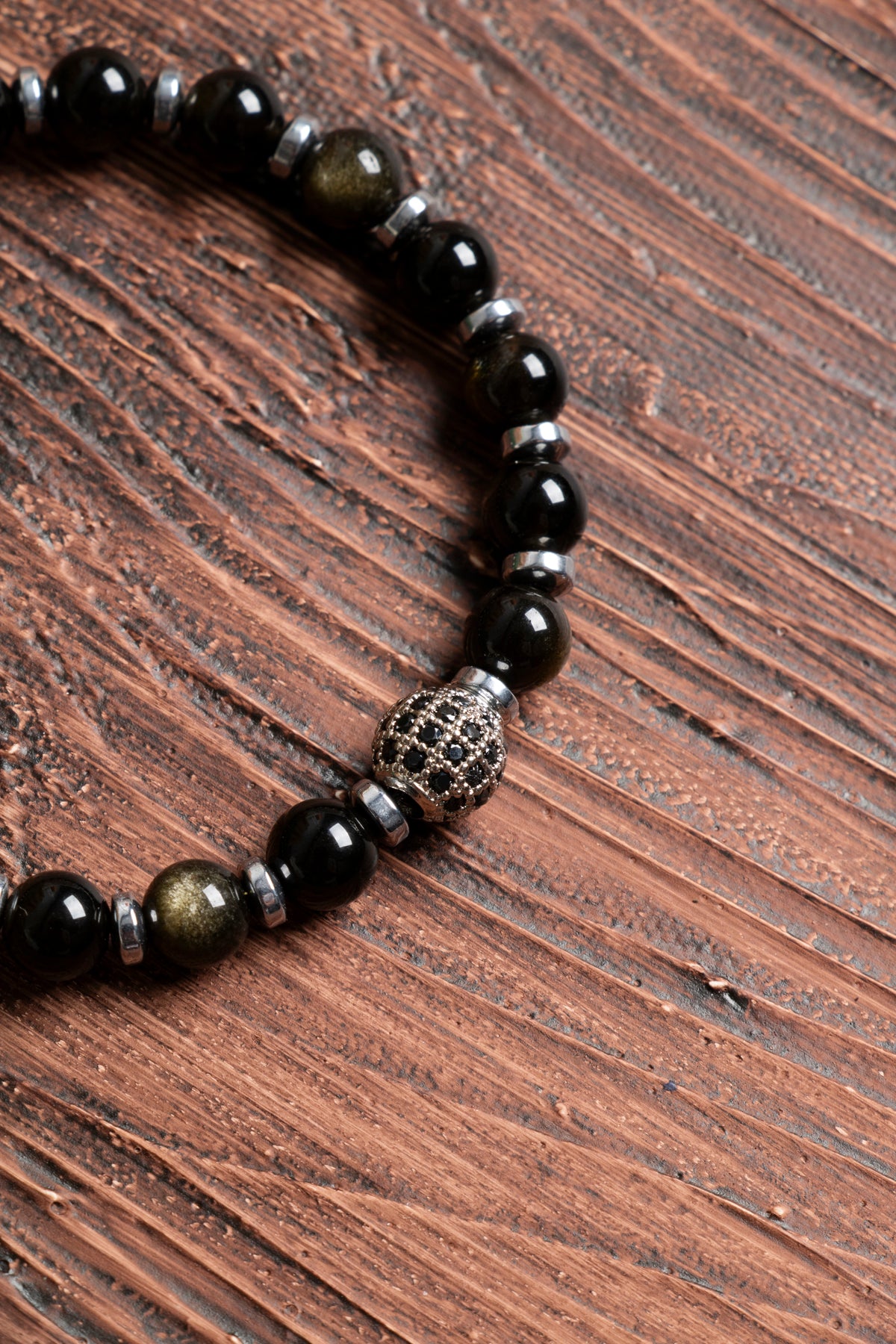 Image of Orijinal Sertifikalı Obsidyen (6 mm) Hematit Doğal Taş Zirkon Aparat Makrome Bileklik