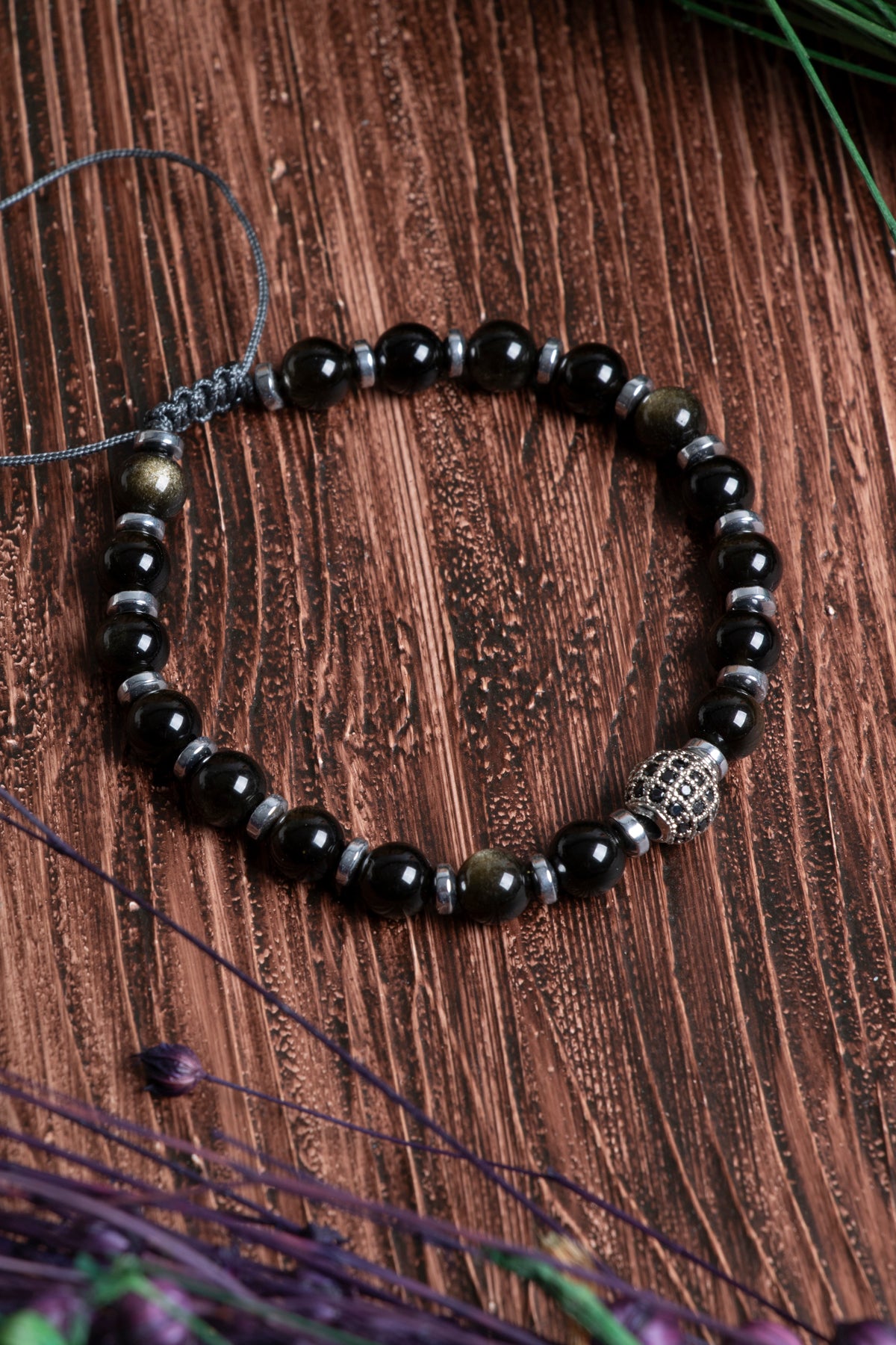 Image of Orijinal Sertifikalı Obsidyen (6 mm) Hematit Doğal Taş Zirkon Aparat Makrome Bileklik