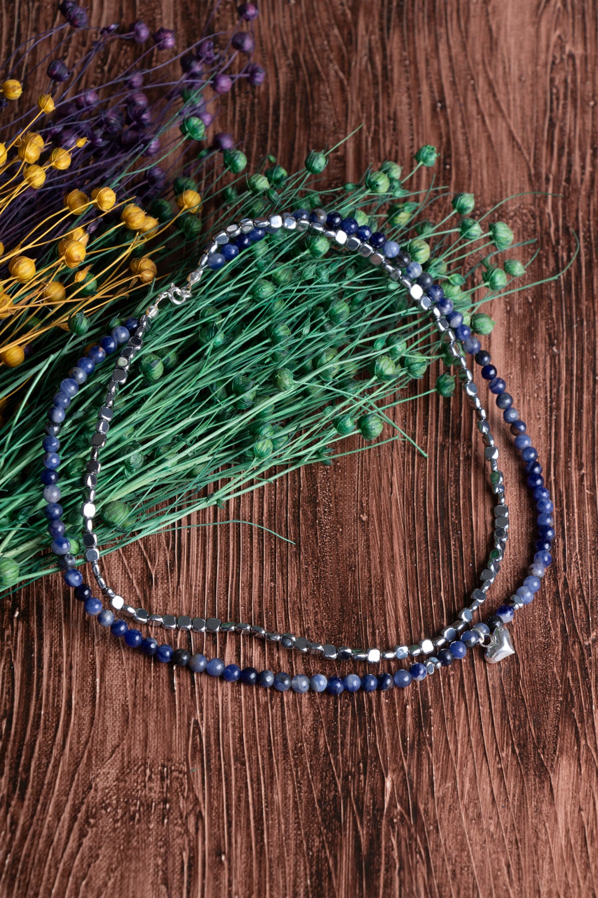 Image of Sertifikalı Sodalit Hematit Gümüş (4 mm) Doğal Taş kKolye