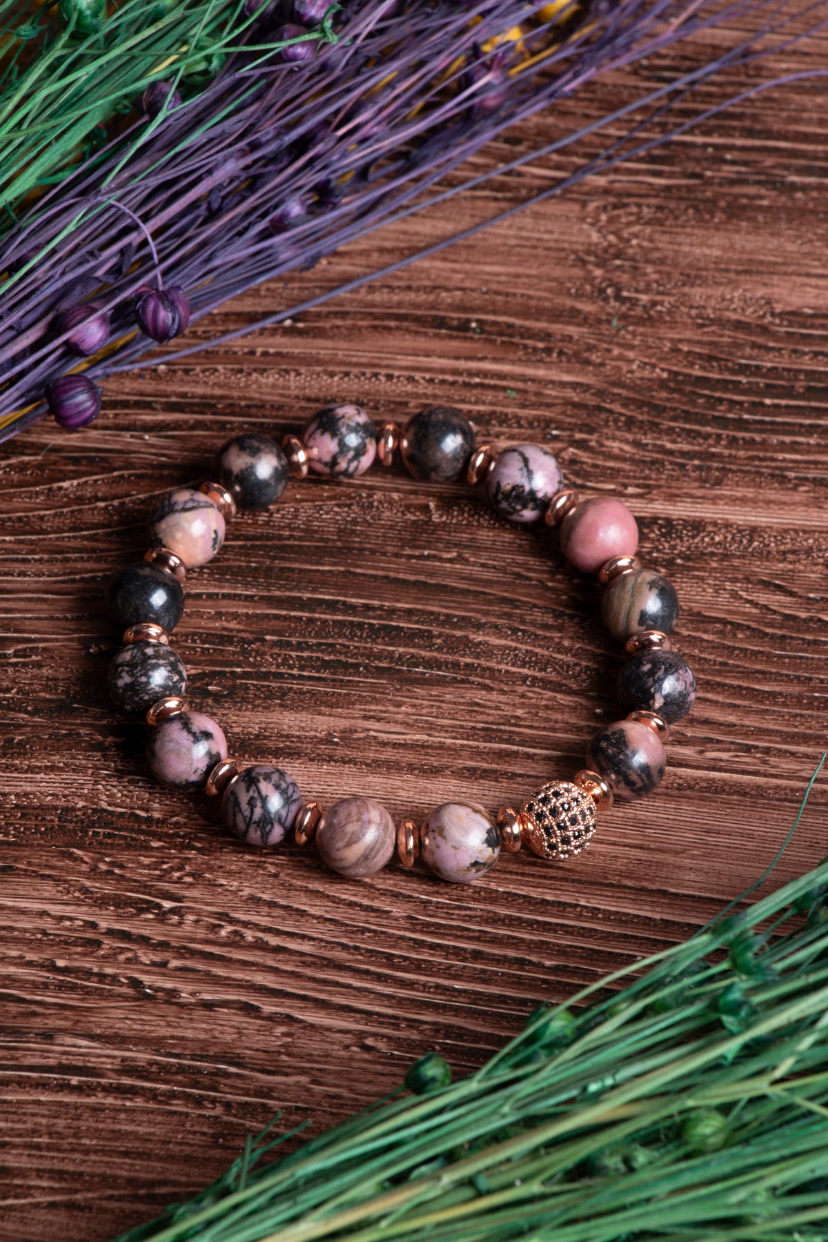 Image of Sertifikalı Rodonit Doğal Taş Zirkon Aparatlı Bileklik