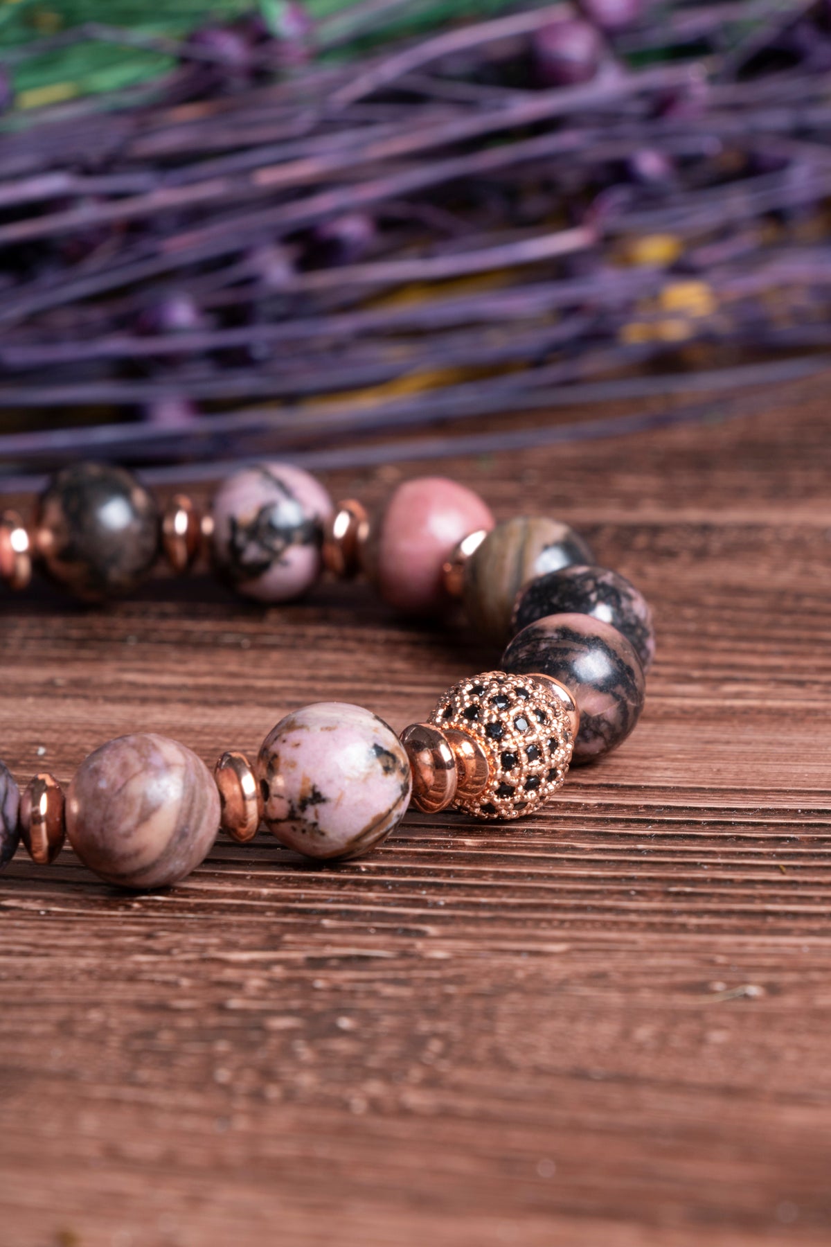 Image of Sertifikalı Rodonit Doğal Taş Zirkon Aparatlı Bileklik