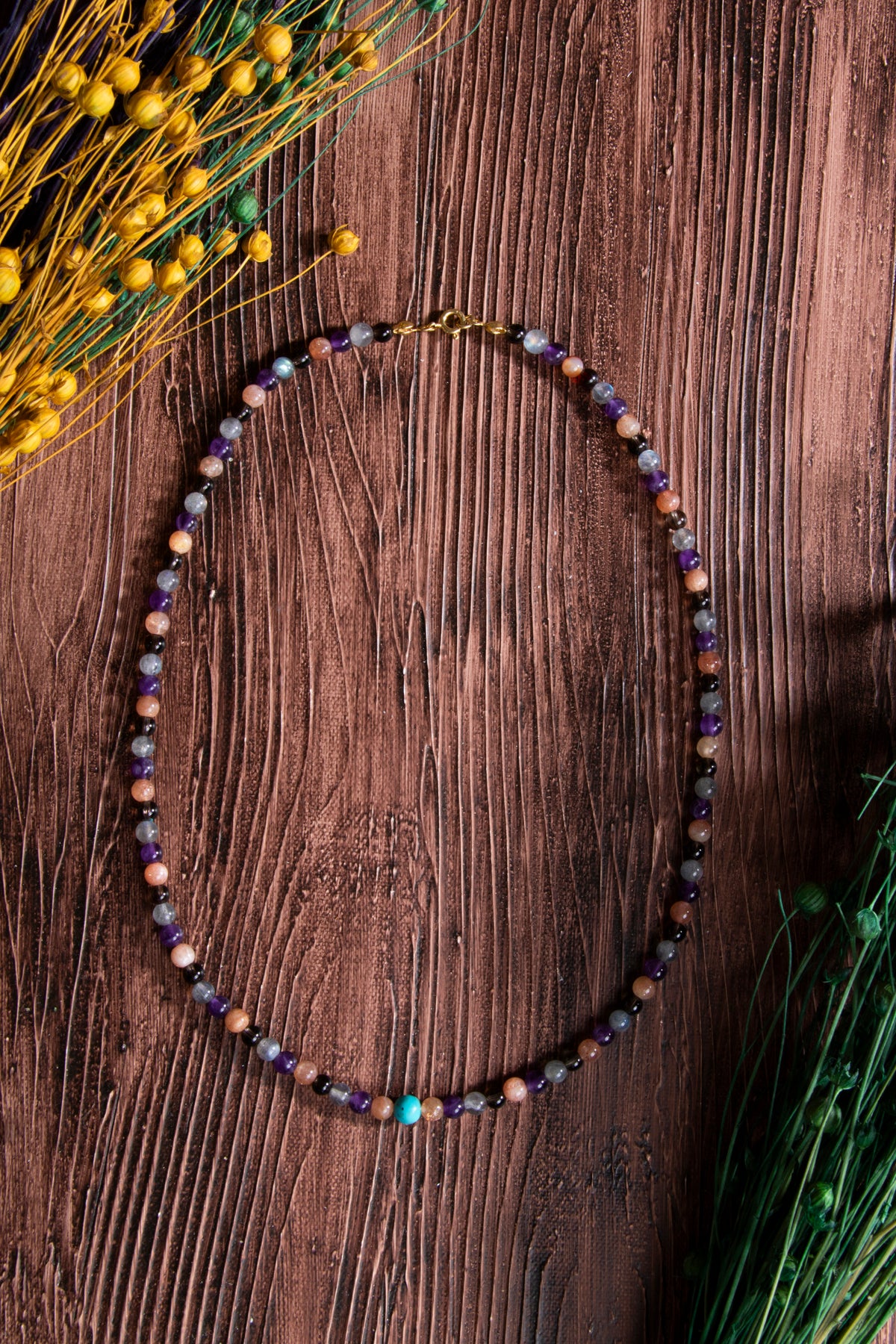 Image of Sertifikalı Güneş Taşı Ametist Labrodorit Dumnalı Kuvars Turkuaz Doğal Taş Kolye