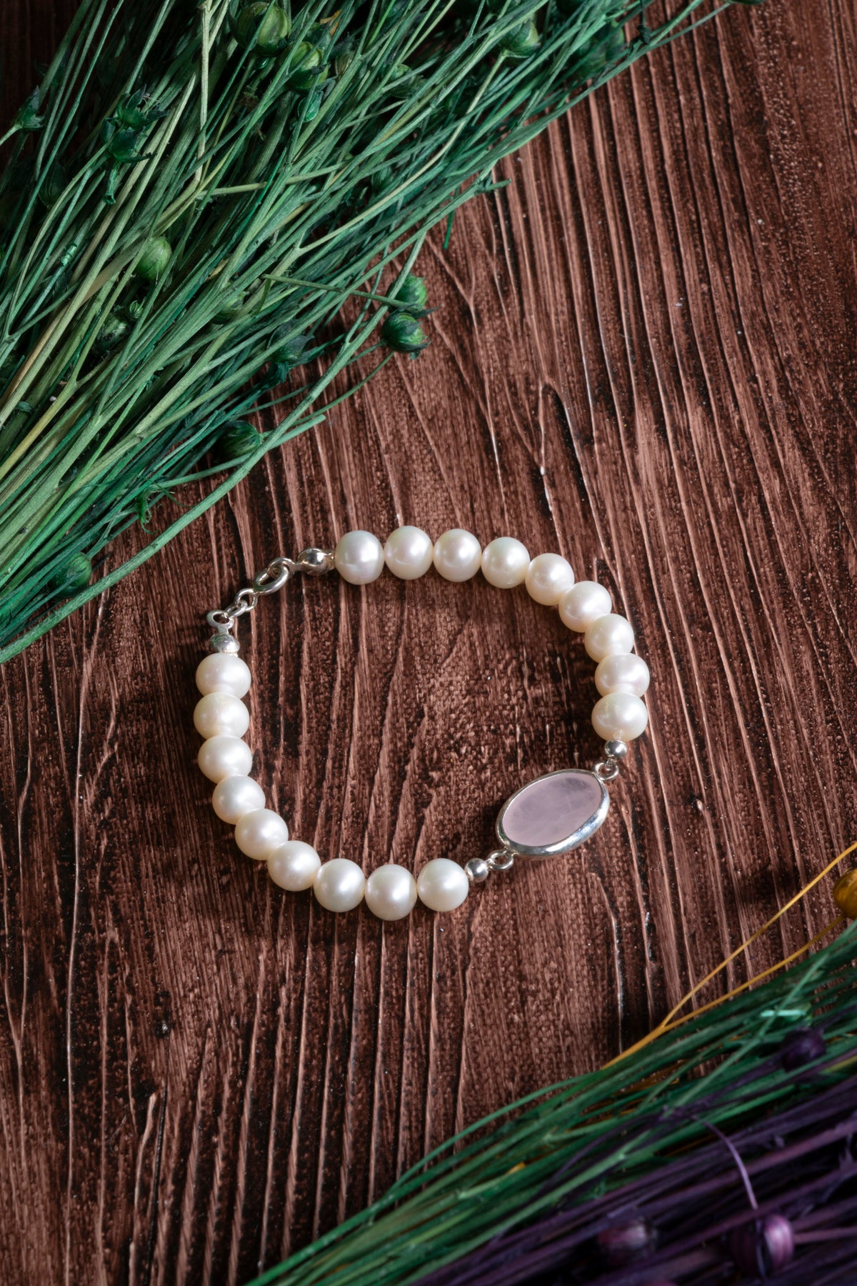 Image of Sertifikalı Pembe Kuvars ve İnci Gümüş Aparatlı Doğal Taş Bileklik