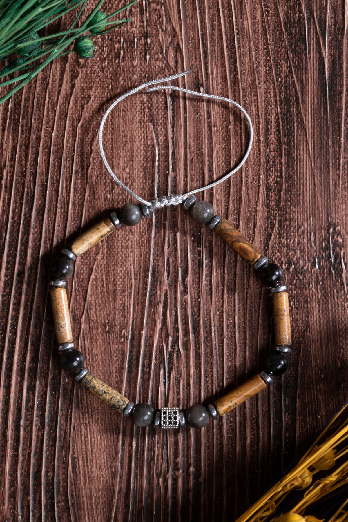 Image of Sertifikalı Kahve Jasper Obsidyen Hematit Zirkon Aparat Doğal Taş Makrome Bileklik