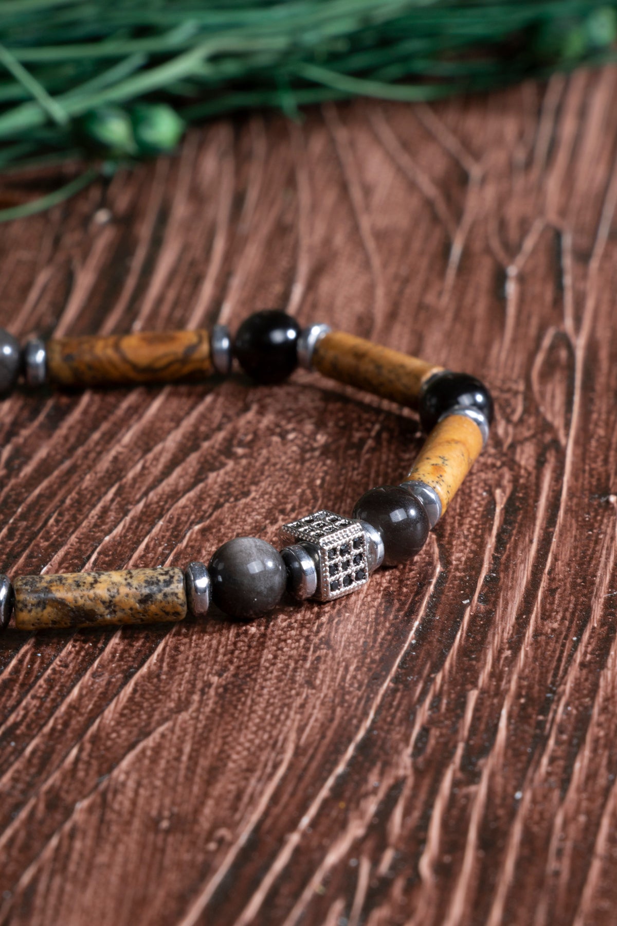 Image of Sertifikalı Kahve Jasper Obsidyen Hematit Zirkon Aparat Doğal Taş Makrome Bileklik