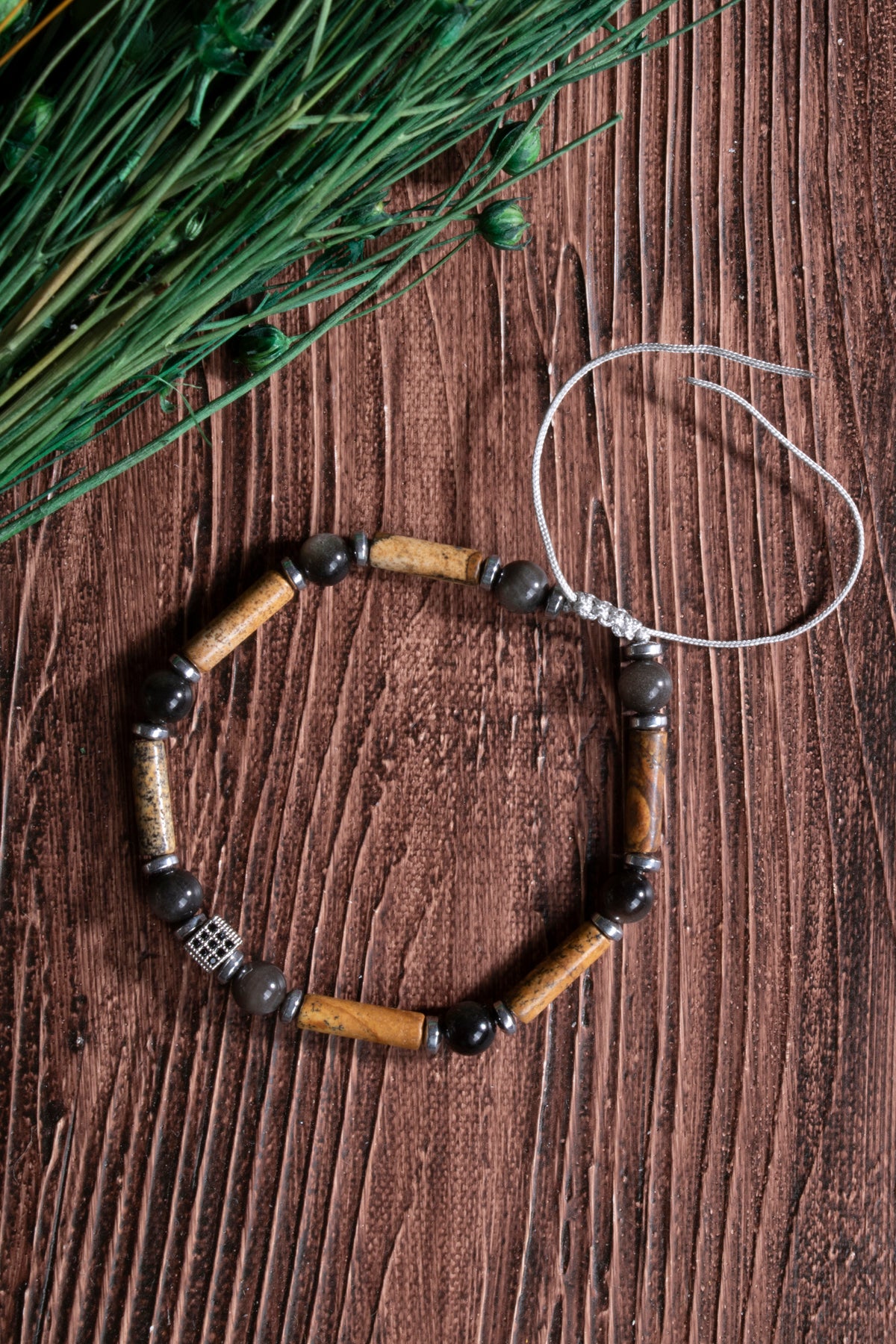 Image of Sertifikalı Kahve Jasper Obsidyen Hematit Zirkon Aparat Doğal Taş Makrome Bileklik