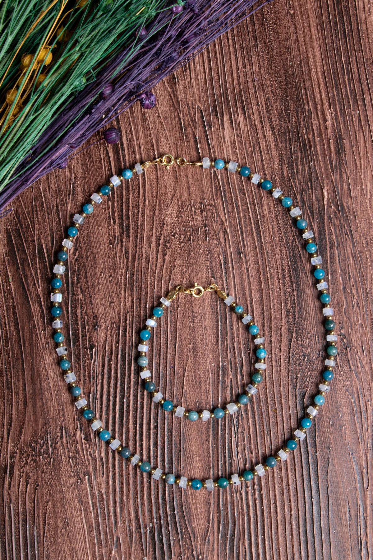 Image of Sertifikalı Ay Taşı, Apatit Doğal Taş Mistik İlham Kolye - Bileklik Seti