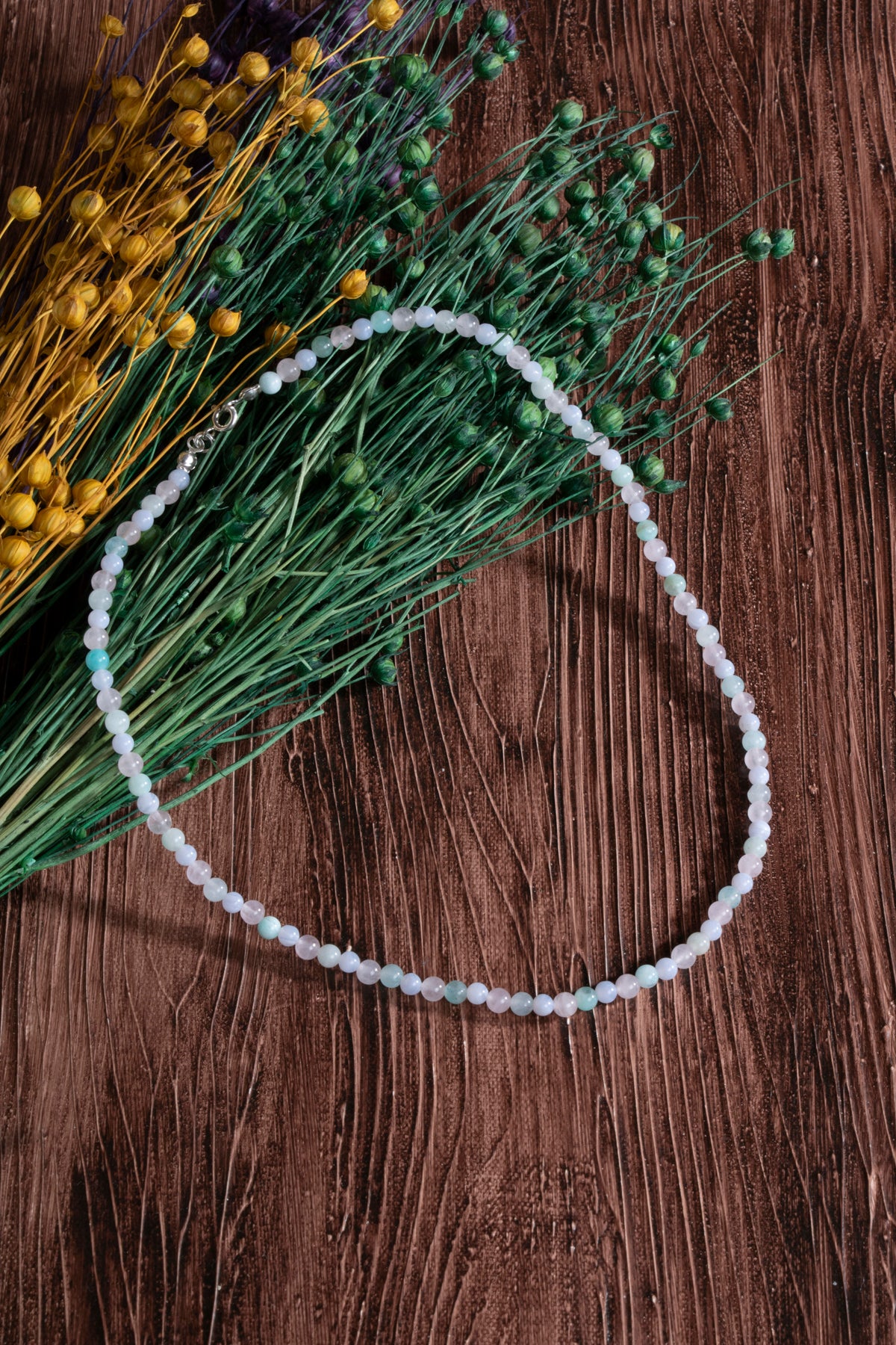 Image of Sertifikalı Pembe Kuvars Akuamarin Amazonit Doğal Taş Kolye