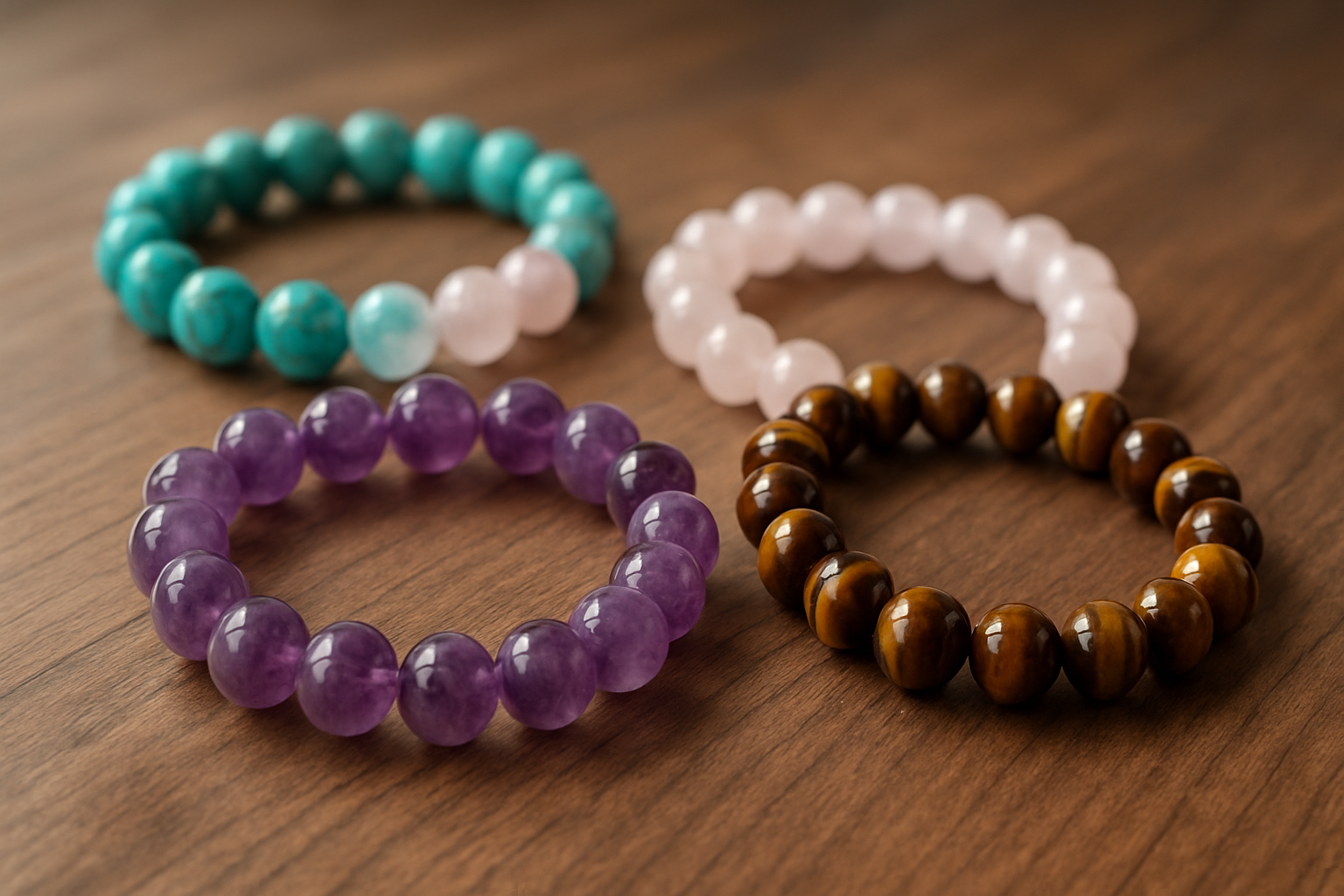 Image of doğal taş bileklikler masada